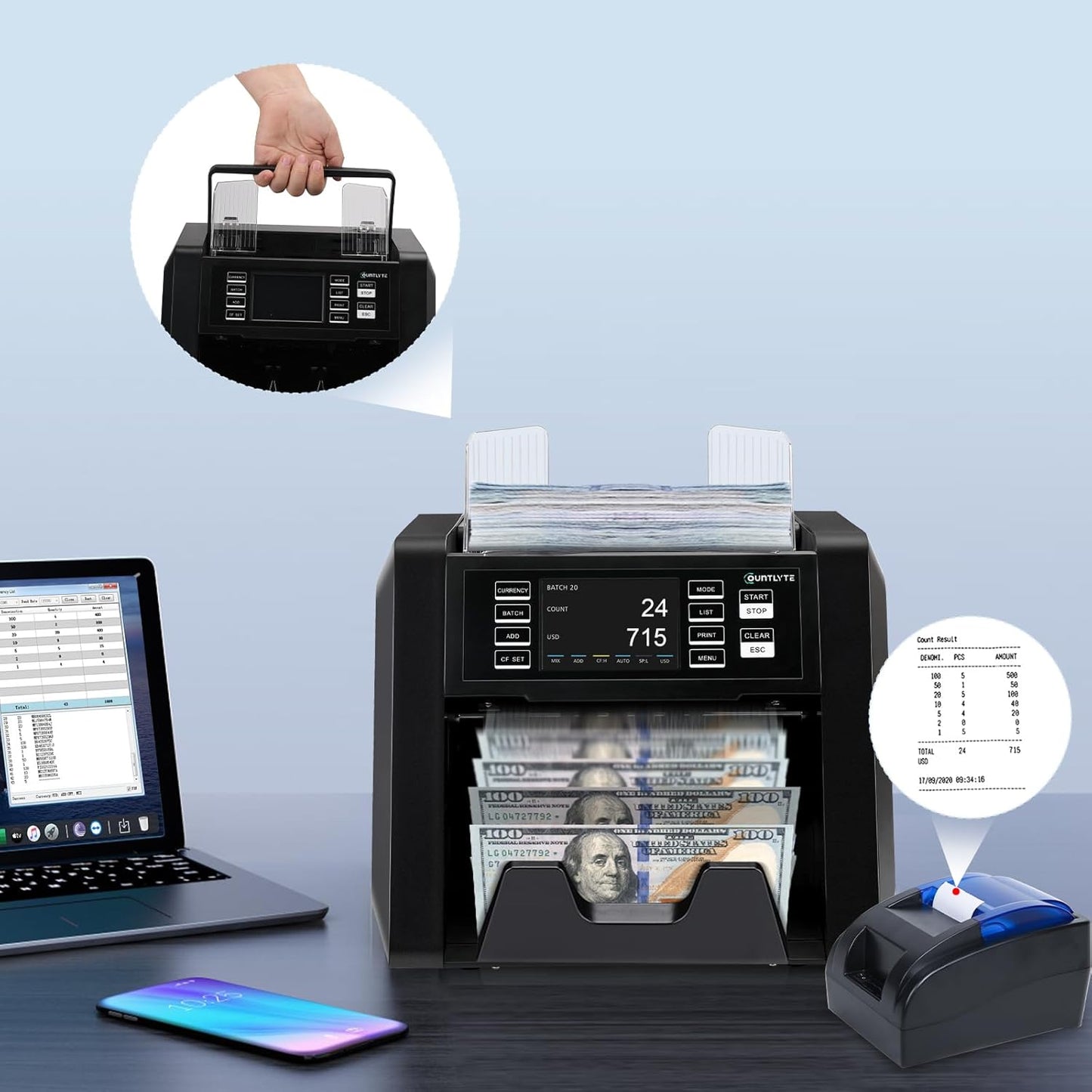 C-N70A Mixed Denomination Money Counter Machine,Value Counting,Multi Currency,CIS/UV/MG/IR Counterfeit Detection Bill Counter,Serial Number,Printer Enabled,Touch Screen,Cash Counter