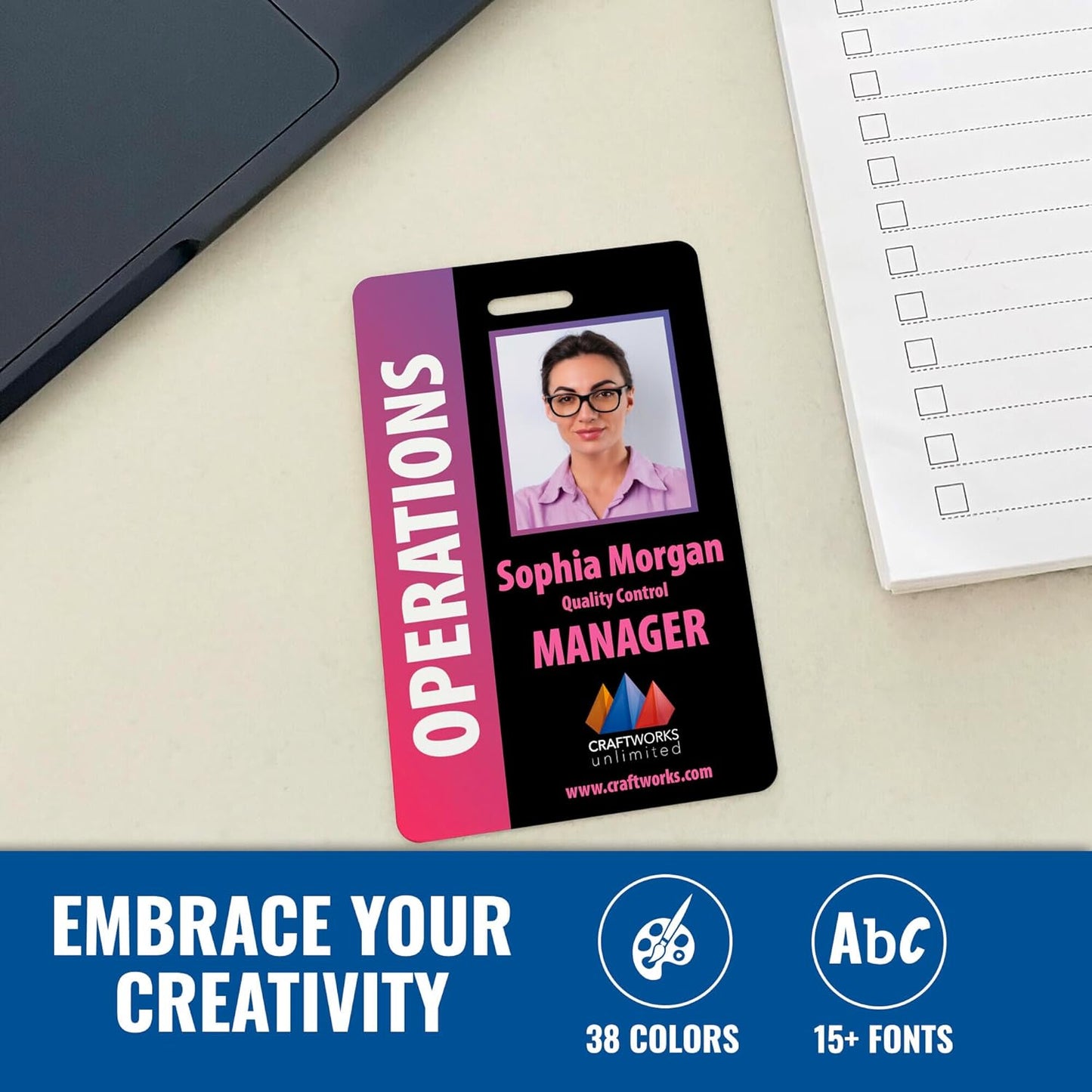 Custom Print Employee ID Badge with Vertical Side Text, Double Sided Print with Name, Photo, Logo, and Barcode β Unique Photo ID Card Solution (ID Vertical)