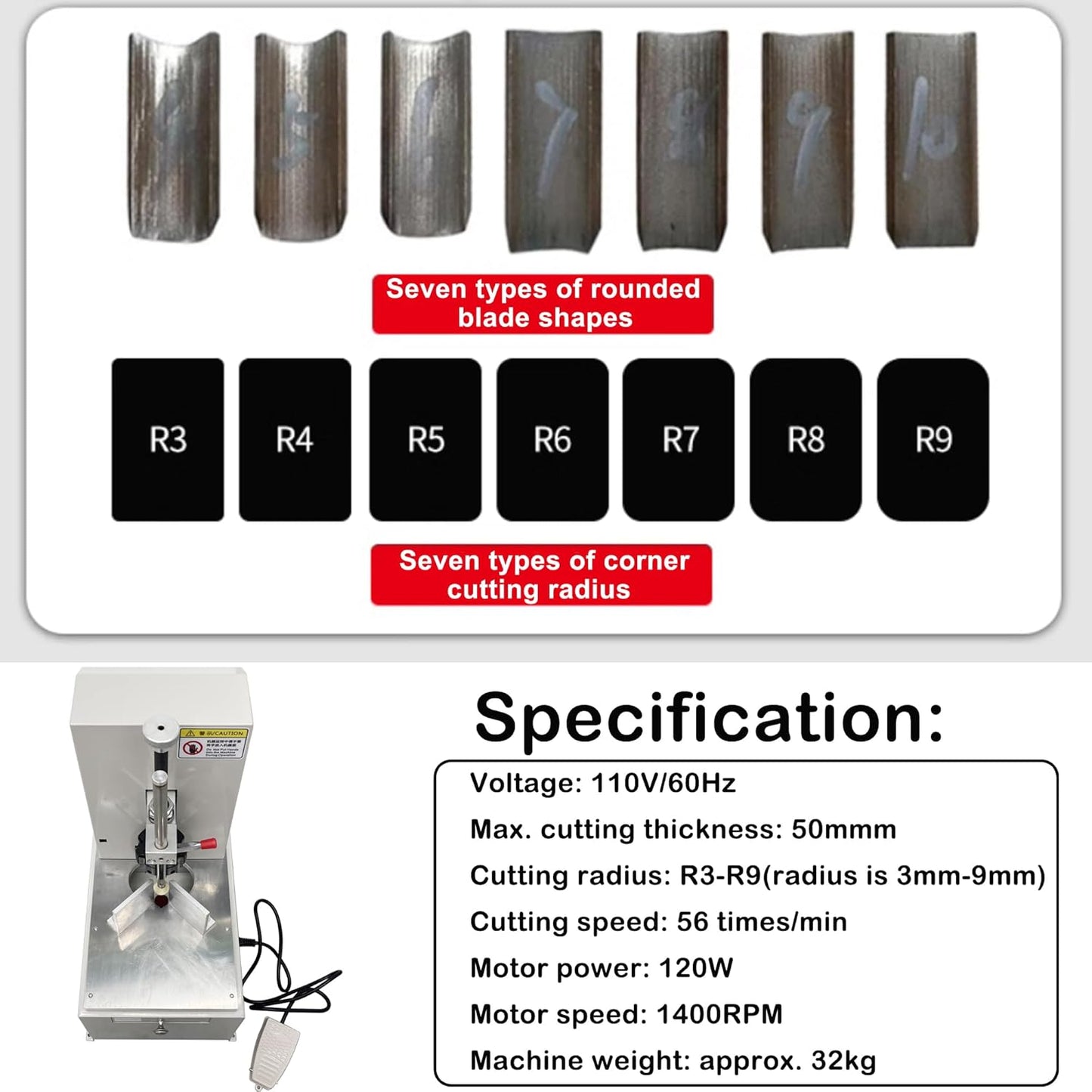 Electric Corner Rounder with Paper Drawer Semi-Automatic Desktop Paper Corner Rounding Cutter with Foot Pedal Cutting Radius R3-R9 7PCS Cutting Dies 110V