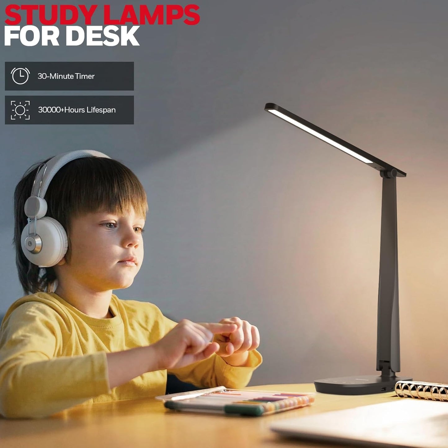HONEYWELL Desk Lamp for Home Office, Dimmable LED Desk Light with USB A+C Dual Charging, 4 Modes Brightness Touch Lamp with Timer, Eye Caring Foldable Reading Light, Table Lamp for Study Nightstand