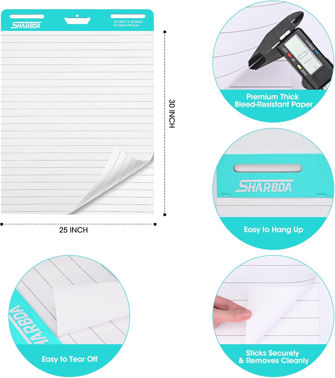 Lined Sticky Easel Pad, 25 in x 30 in,Flip Chart Paper,Sticky Chart Paper for Teachers, Large Self-Stick Easel Paper,Super Sticky & Bleed-Resistant,30 Sheets/Pad,4 Pads