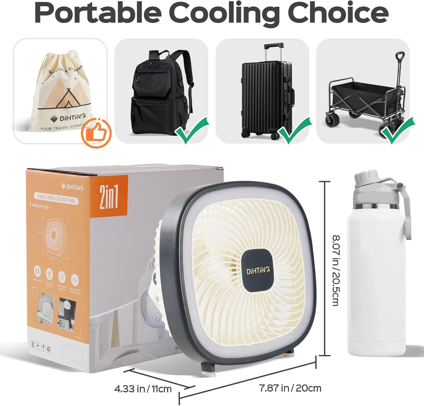 8 Inch Desk Fan Rechargeable, Quiet Personal Table Fan with Night Light/Hook, 4000mAh Battery Powered Portable USB Fan Cordless For Office Bedroom Sleeping Dorm Travel, 3 Speeds, 180°Tilt Adjustable