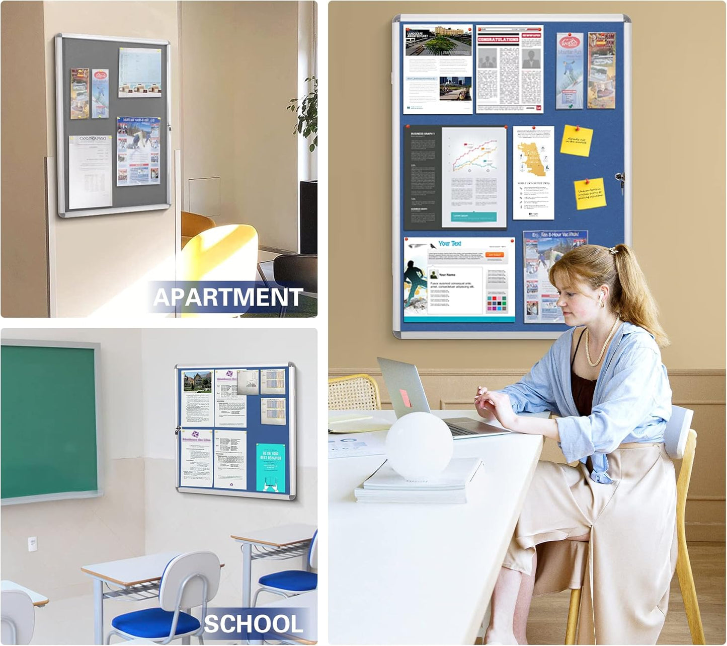 SWANCROWN Pins Bulletin Board Enclosed Wall-Mounted Secure Display Board for Notice Message with Door and Keys,38x28inches(9xA4)