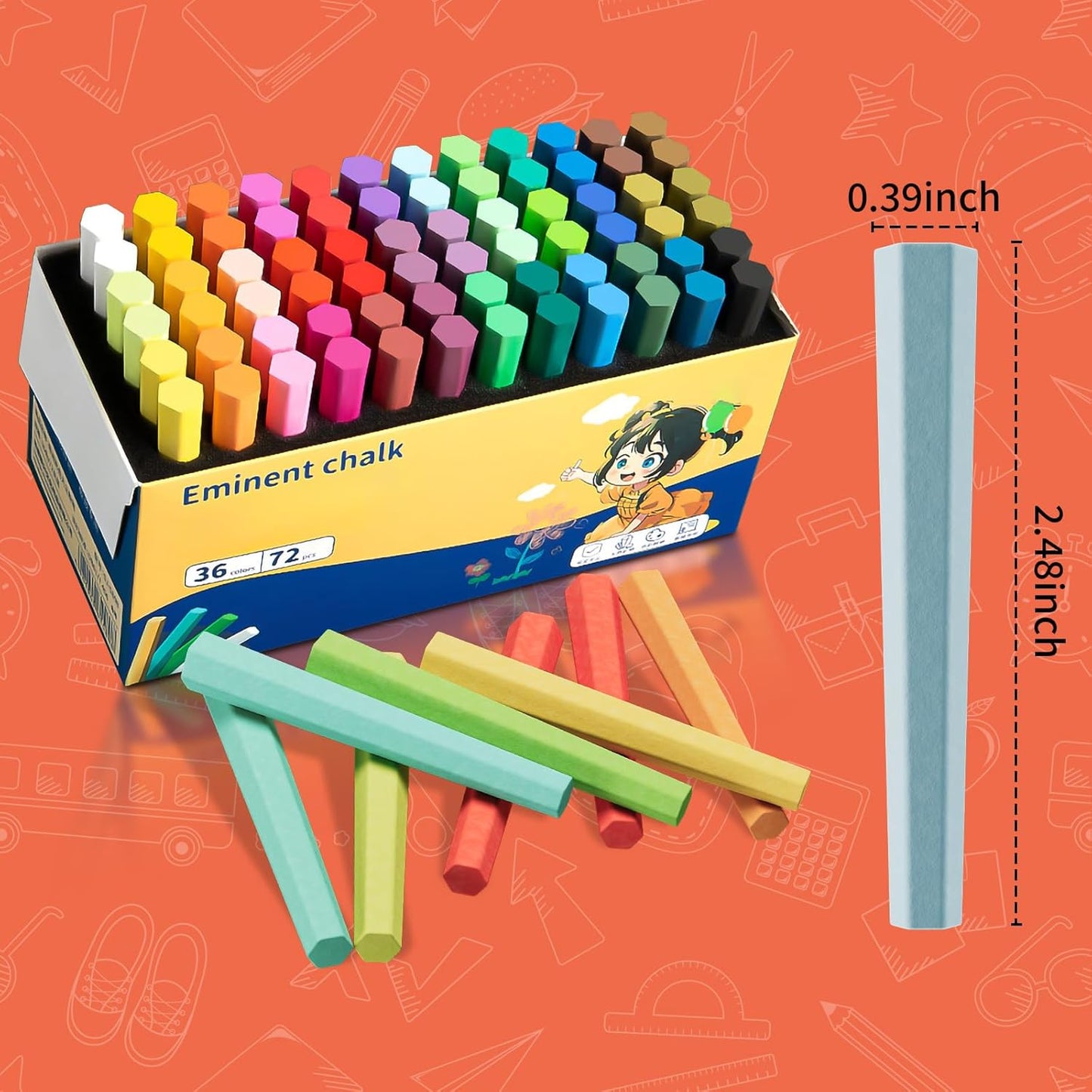 72PCS Washable Sidewalk Chalks Set, 36 Colors Non-Toxic Chalk Paint Bulk for Kids, Oversized Colored Chalk for Painting on Chalkboard, Chalk Pavement and Outdoor Art Play