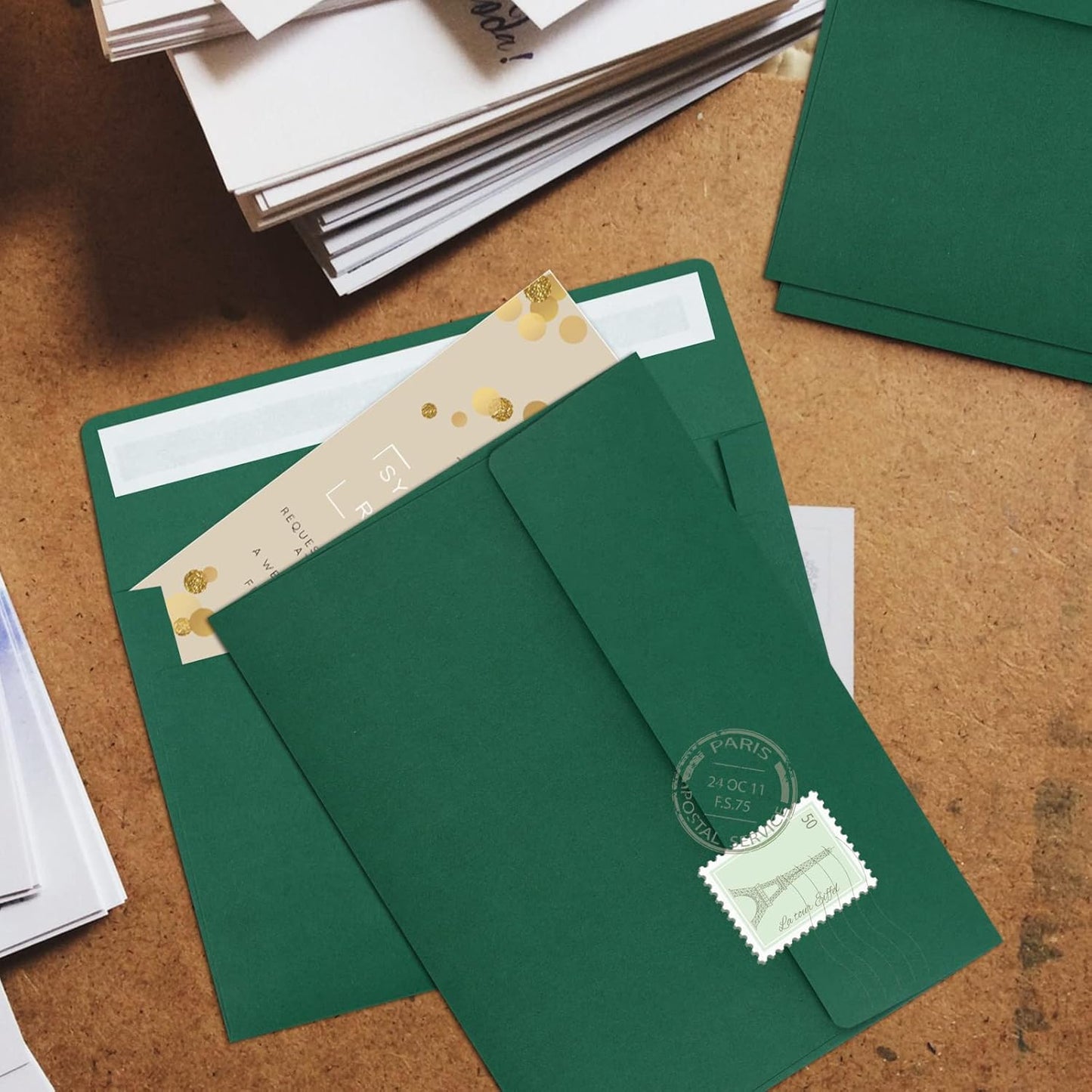 50 Pack 5x7 Envelopes - Self Seal for Invitations, Weddings, Photos & Greeting Cards (Dark Green) - Lumora Desk