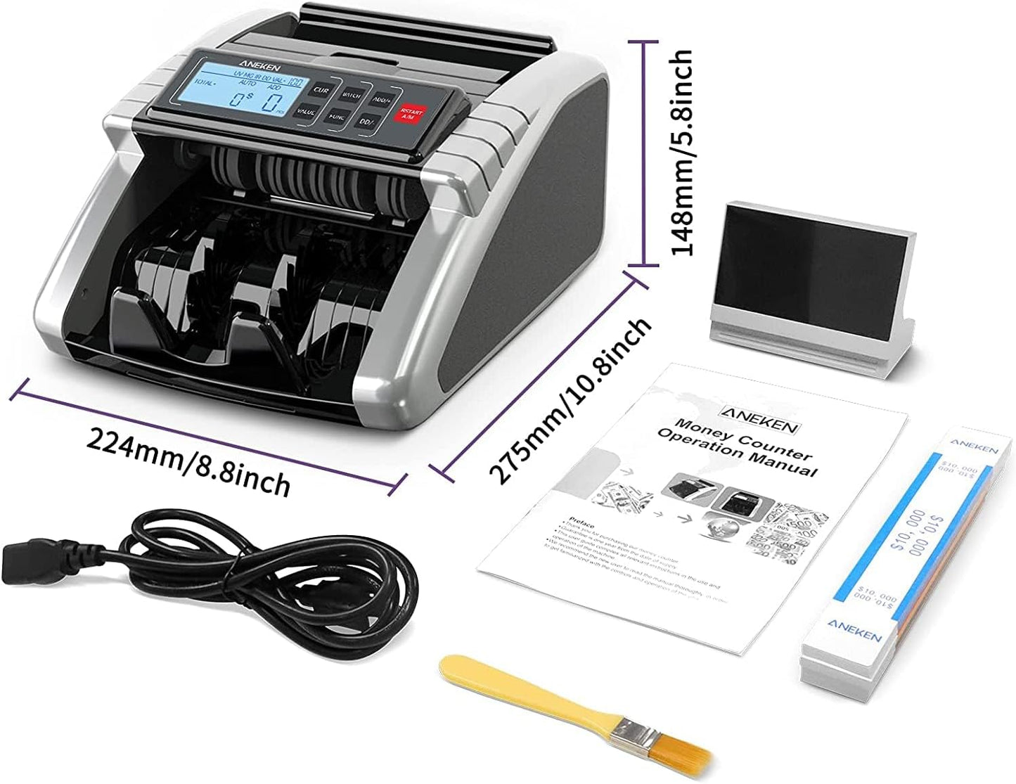Aneken Money Counter Machine with Value Count, Dollar, Euro UV/MG/IR/DD/DBL/HLF/CHN Counterfeit Bill Detectors,Add and Batch Modes, Cash Counter with LCD Display