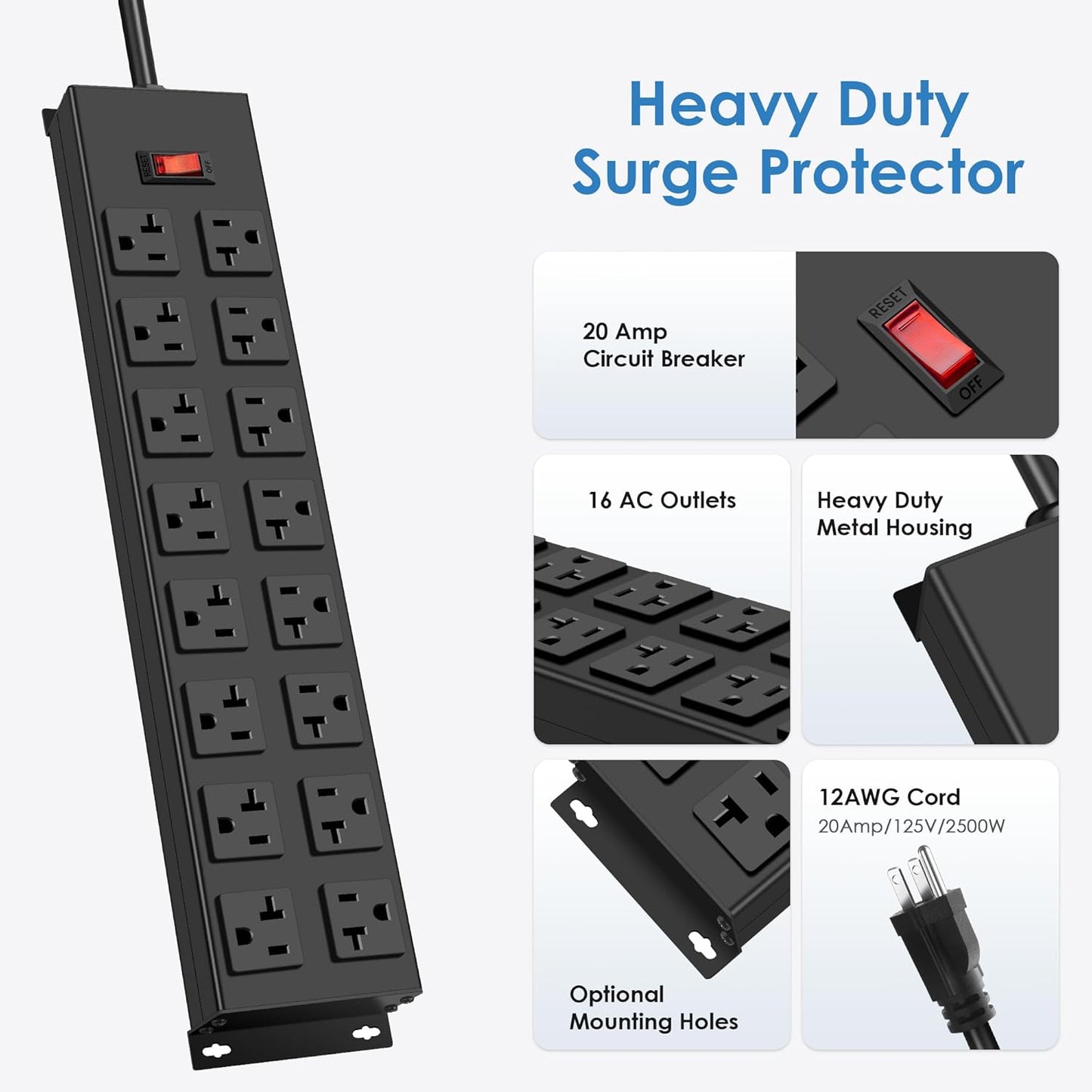 JUNNUJ Heavy Duty 20 Amp Power Strip with Surge Protection 3000J, Garage 16 Outlets Metal 12 Gauge, Desk Strips Wide Spaced, High Amp 5-15P Adapter Shop 6-20R T-Slot Industrial Outlets (16AC, 10FT)
