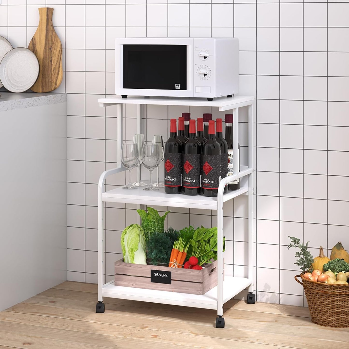 Printer Stand with Storage Shelf,3 Tier Printer Cart with Wheels,Mobile Printer Table for Home Office,Stands for Printer Heat Press Scanner Fax,Industrial Style (White)