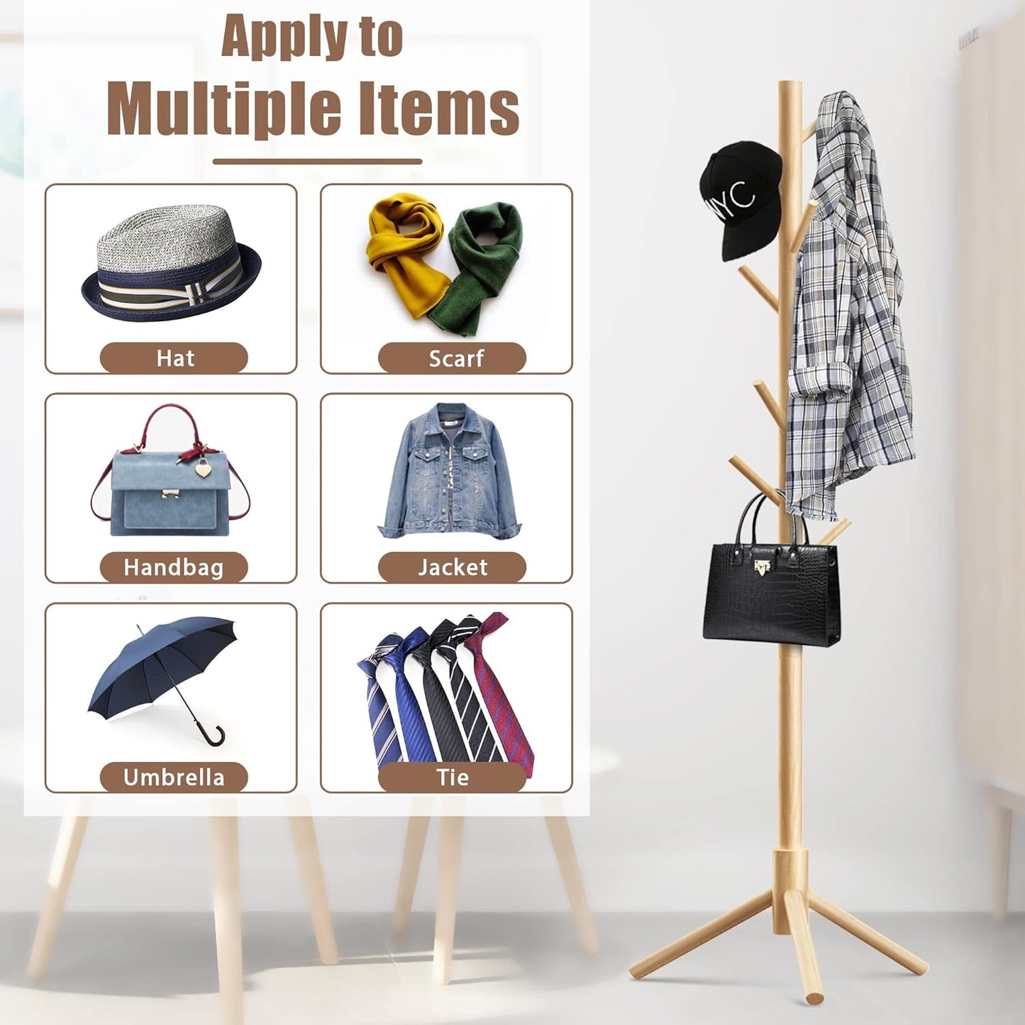 Haddockway Wooden Coat Rack Stand with 8 Hooks New Zealand Pine 3 Adjustable Coat Standing Tree Easy Assembly for Coats, Hats, Scarves and Handbags for Entryway, Hallway, Bedroom, Office - Lumora Desk
