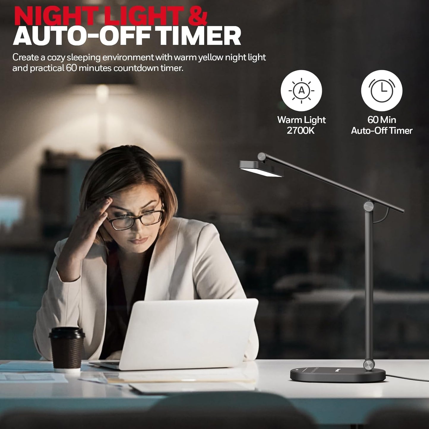 Honeywell Desk Lamp for Home Office, H4 Sunturalux™ Eye-Caring LED Desk Light, 700LM Dimmable Desk Lamp with Timer, Adjustable Desk Reading Light, Touch Auto Dimming Table Lamp for Study, Bedroom - Lumora Desk
