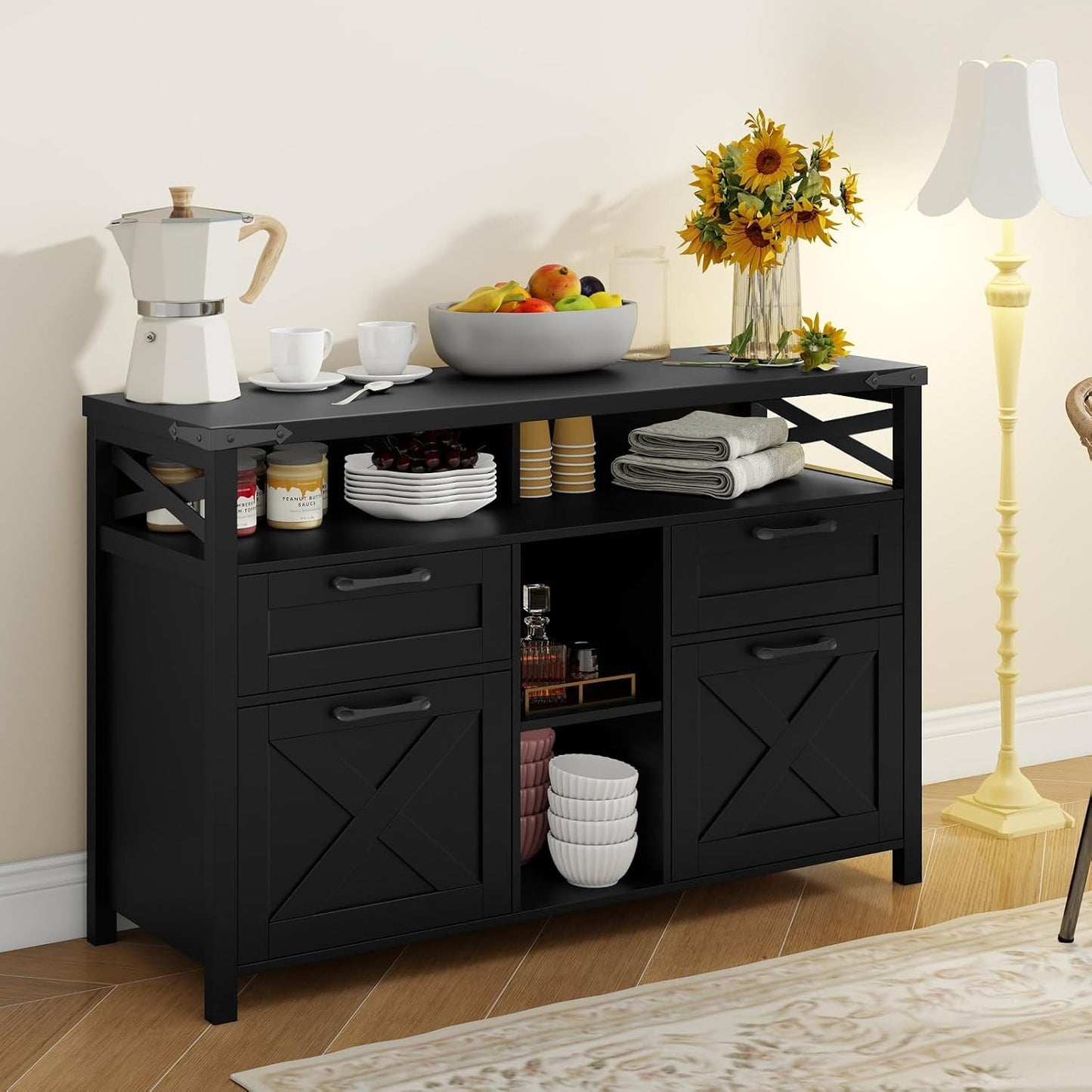 Farmhouse Filing Cabinet with Adjustable Shelf for Home Office, Lateral File Cabinets 4 Drawers with Open Storage Shelf, Filing Organization Storage Cabinets for Hanging Files Letter/A4.(Pure Black)