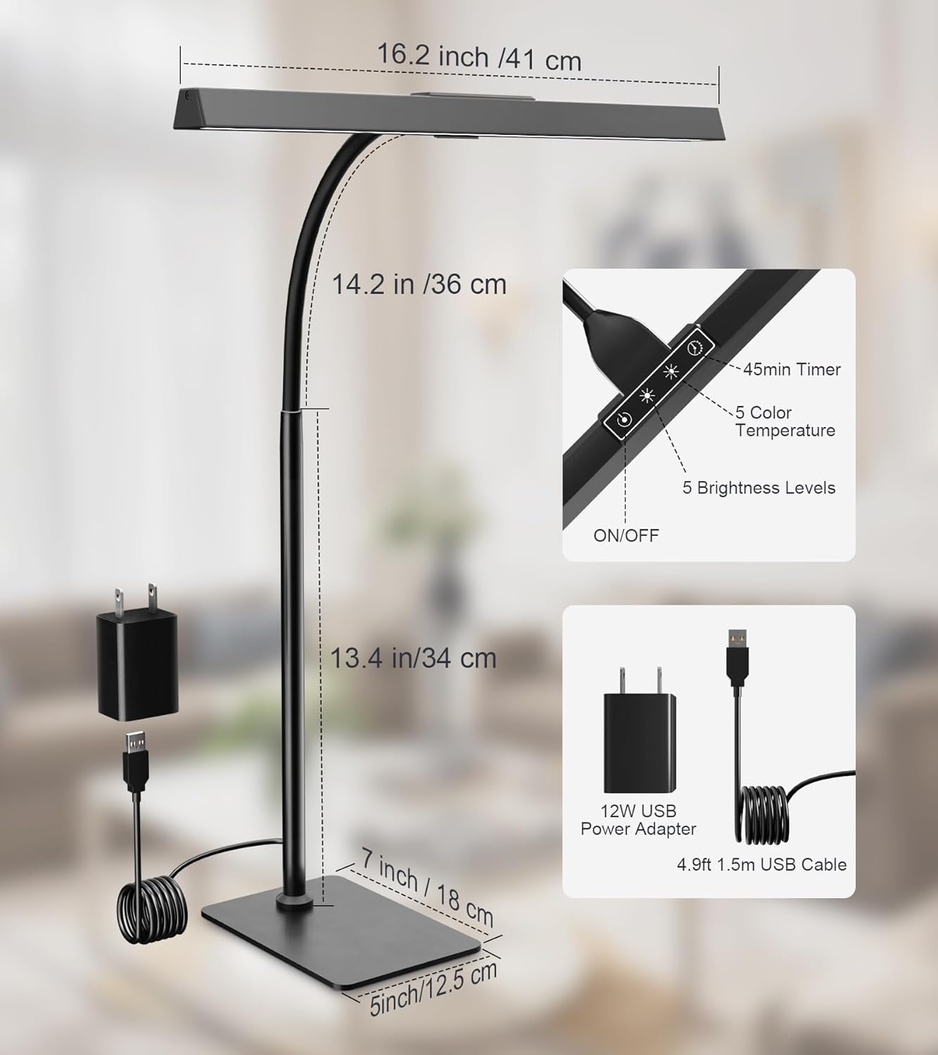 Desk Lamp for Home Office with Base, Eye-Caring Desk Light with Adjustable Gooseneck, 12W USB Adapter Touch Control 5 Dimmable Brightness & Color Tall Lamp for Work, Computer, Study, Task