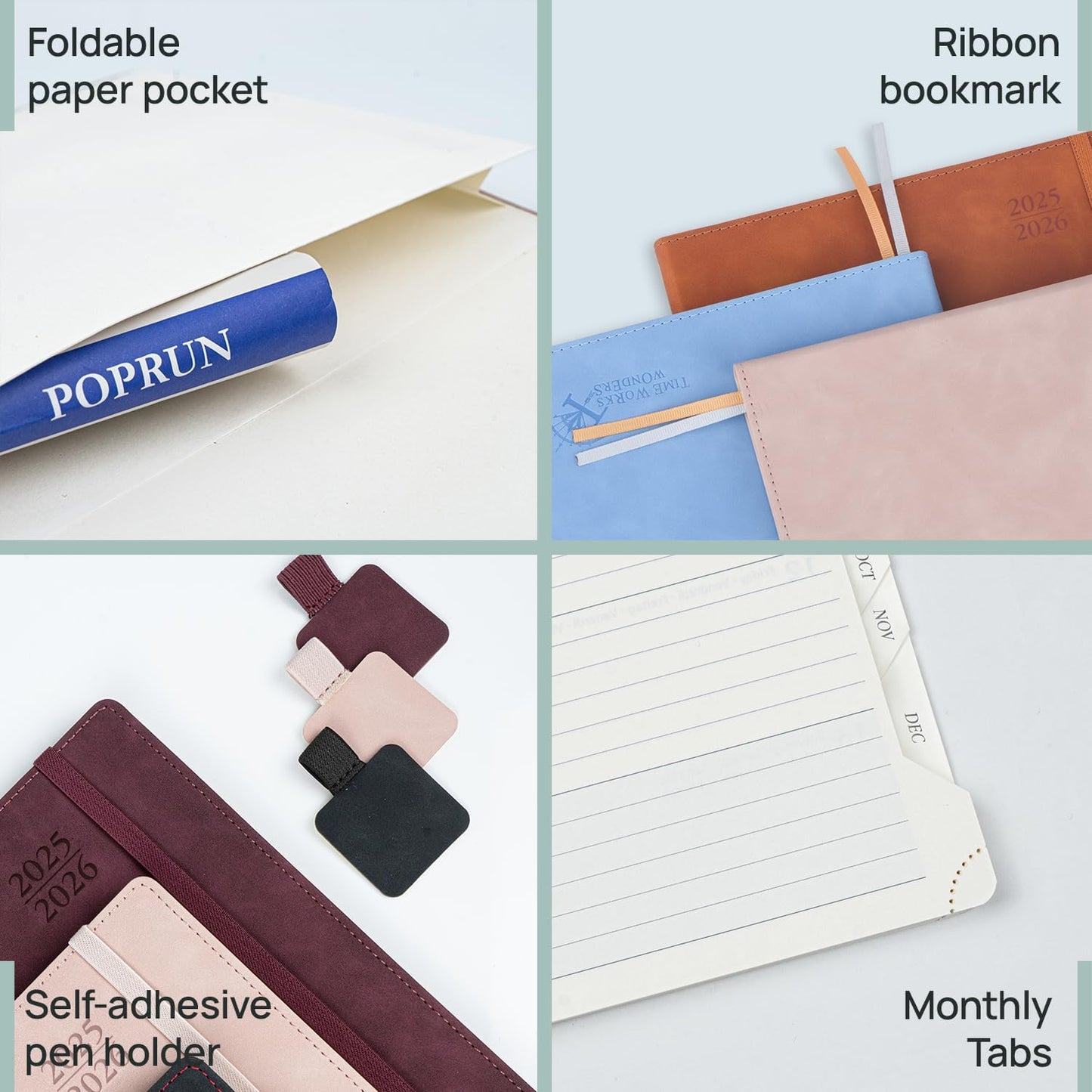 POPRUN Planner 2025-2026 Weekly Notebook (Large 8.5''x 10.5'') Academic Calendar (JUL.25 - JUN.26) Appointment Book with Monthly Tabs, Leather Soft Cover, Inner Pocket, 100 GSM - Petrol Green