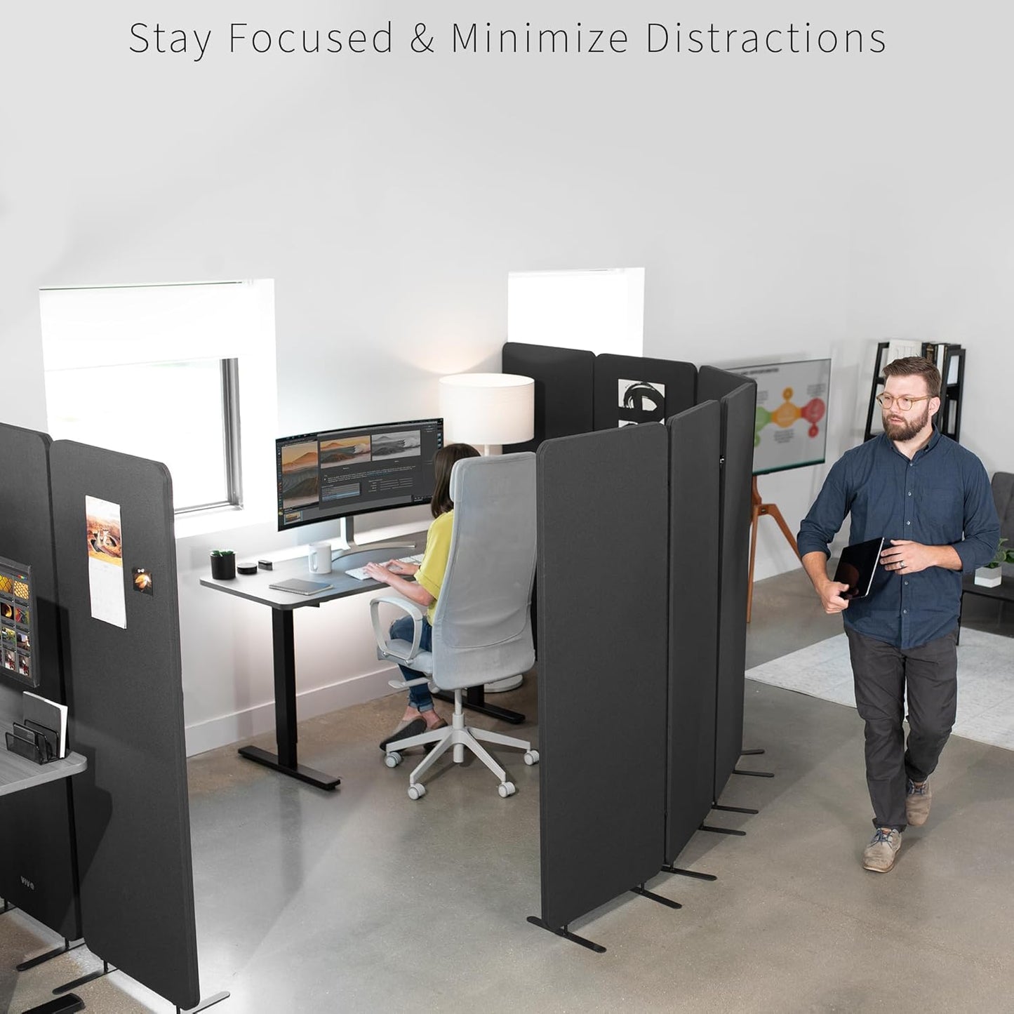 VIVO Freestanding 72 x 66 inch Privacy Panel, Cubicle Divider, Acoustic Wall Partition, x3 24 inch Panels, Dark Gray, PP-3-T072D