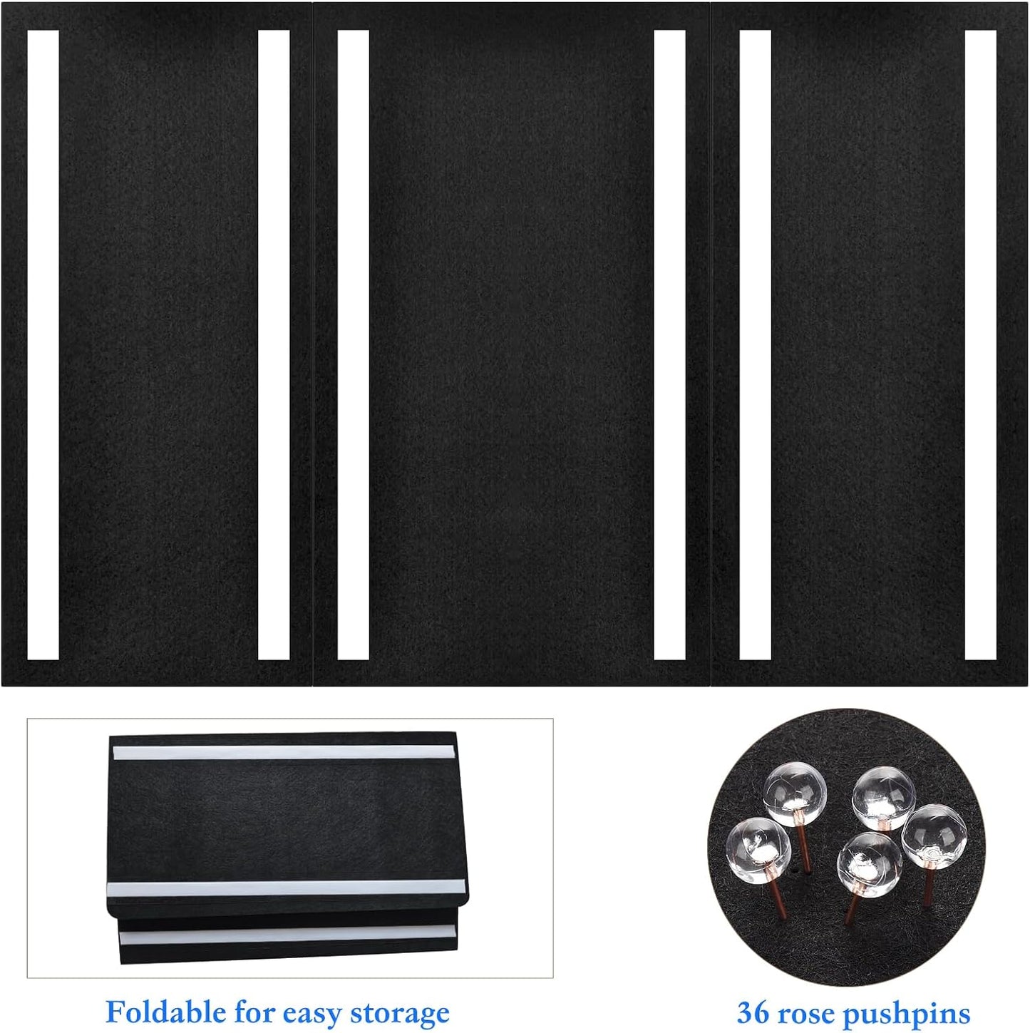 Large Bulletin Board - 60 x 36 Inches, Foldable Decorative Felt Board for Wall Photo Display Board with Self-Adhesive Tape, Includes 36 Push Pins - Black