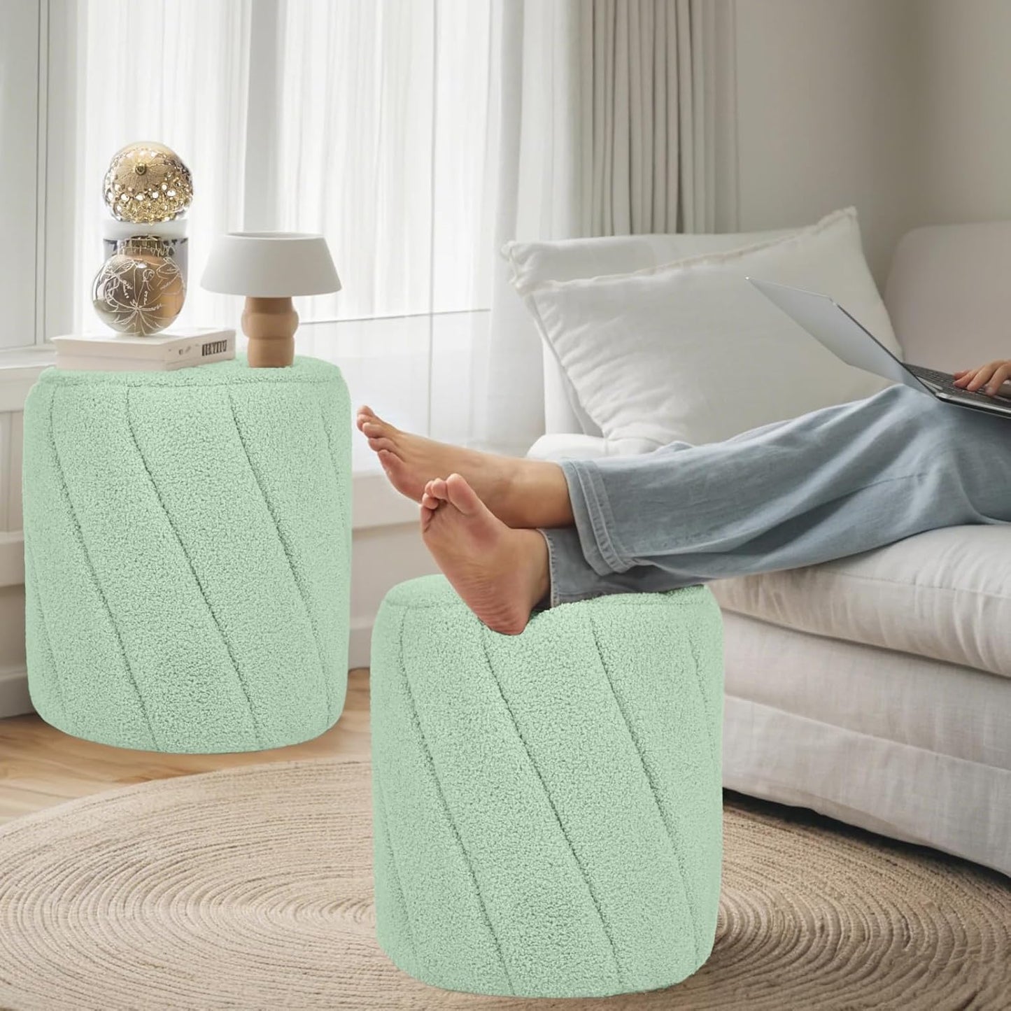 Modern Round Ottoman, Spiral-Tufted Foot Stool Ottoman, Teddy Fleece Upholstered Vanity Stool for Makeup, Bedroom, Living Room, Light Green
