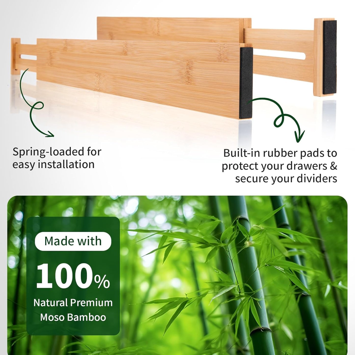 CMOOD 6 PCS Bamboo Drawer Dividers, Kitchen Drawer Dividers, 17"-22" Expandable Adjustable Bamboo Drawer Dividers Organizers for Kitchen, Clothes, Dresser, Bedroom, Home, Office, Spring Loaded