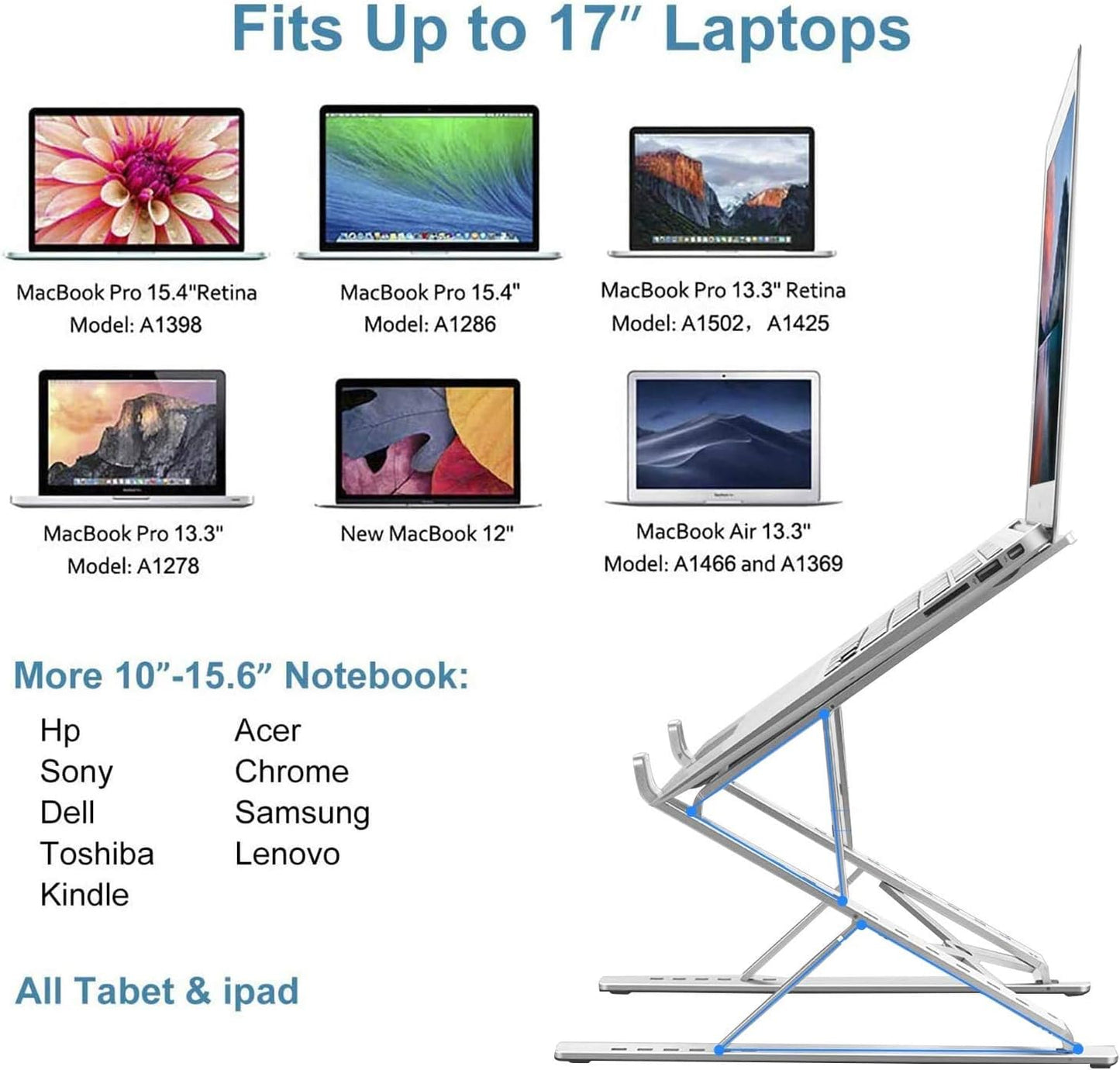 Laptop Stand for Desk,Stable MacBook Pro Stand,Ergonomic Aluminum Computer Riser for 12 13 15 16 17 inch ,Computer Cooling Stand for Mac MacBook Pro Air,HP, Dell, More PC Notebook (LIGHT SILVER)