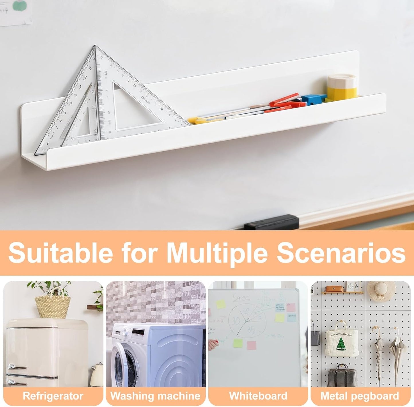 Upriver 2 Pcs Acrylic Magnetic Book Shelves & 1 Pen Holder for Whiteboard, 17 Inch Reusable Magnetic Book Display Holder for Classroom Office Teacher Kids Refrigerator, White