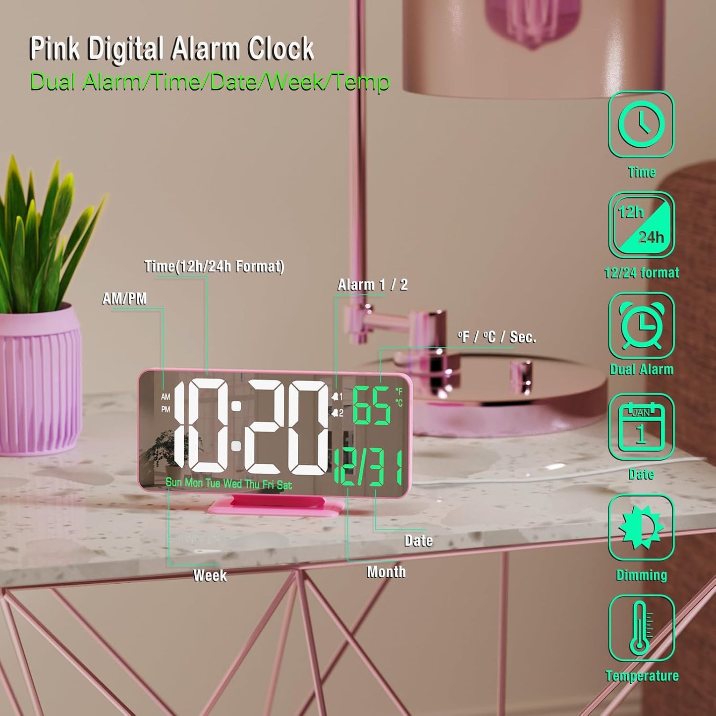 KOSUMOSU Pink Digital Clock 6.7in Desk Clock with Dual Alarm Clock, Dimming, 12/24h, Date, Day of Week, Temp, Digital LED Clock, Alarm Clock for Table, Digital Calendar Table Clocks for Bedrooms