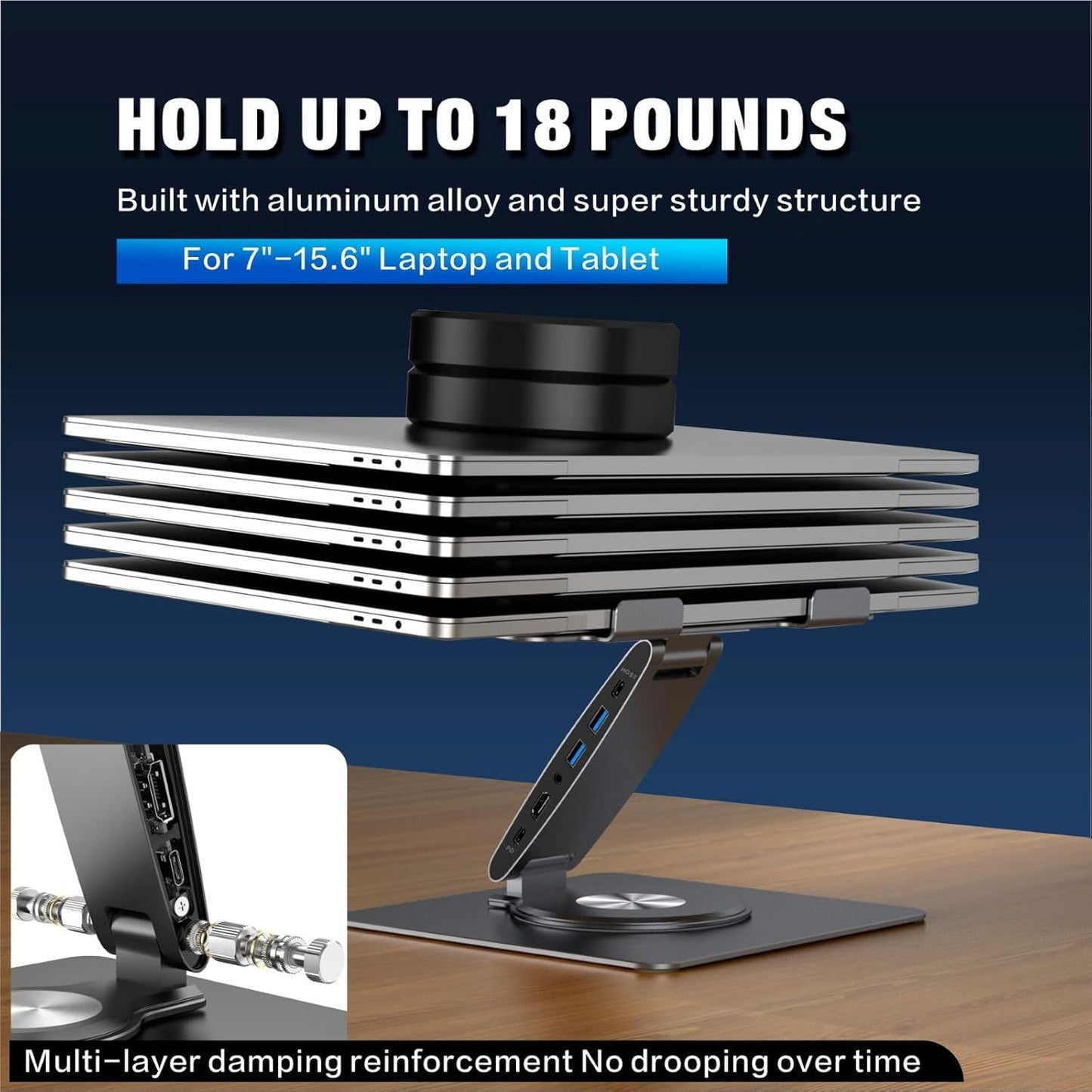 USB-C Hub Laptop Stand with Fan, Aluminum Laptop Riser with Docking Station 9-IN-1, 4K@60Hz HDMI, 100W PD Charging, USB 3.0, 3.5mm Audio, 360° Swivel, for MacBook Pro/Air, iPad Pro & Type-C Laptops