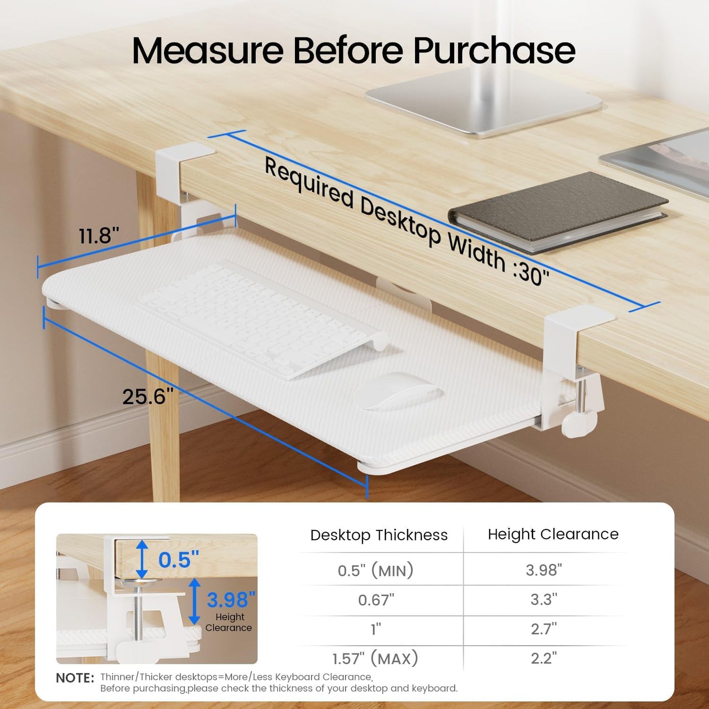 Large Keyboard Tray Under Desk Slide Out with Extra Sturdy C Clamp Mount System,26'' (30'' including Clamps) x11 Slide-Out Keyboard Drawer Under Desk for Typing,Keyboard Mouse Tray,White