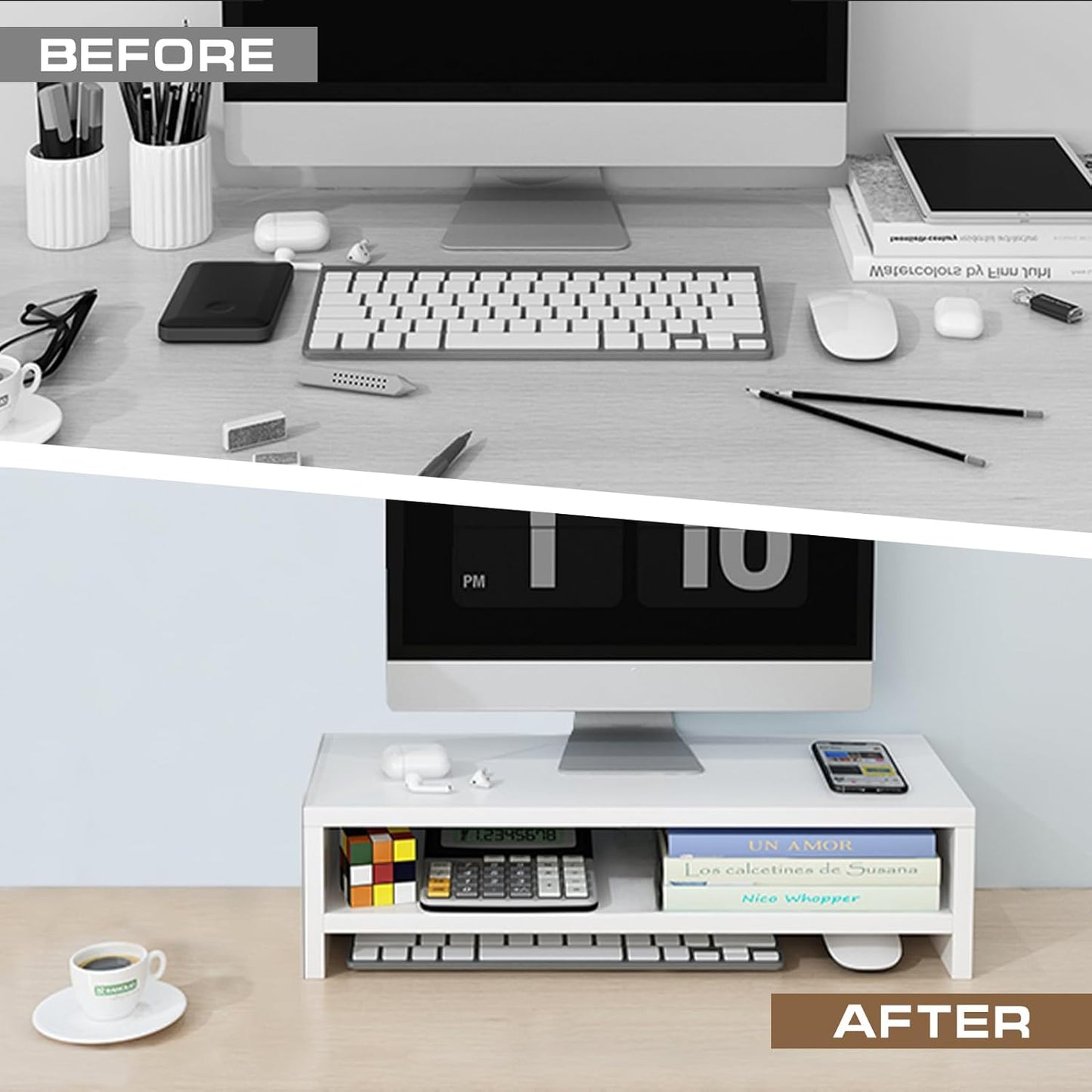 Monitor Stand Riser, 2 Tier Computer Stand, Desk Organizers and Accessories, Desktop Shelf with Storage for TV Screen PC Printer (White-18.9inch)