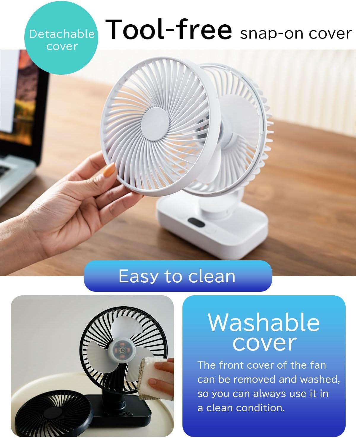 Oscillating Small Desk Fan, with USB Rechargeable Battery, Ultra Quiet, 4 Speeds, 13-Hour Runtime, Wall-Mount Option, Quiet Fan, Home, Bedroom and Office, White