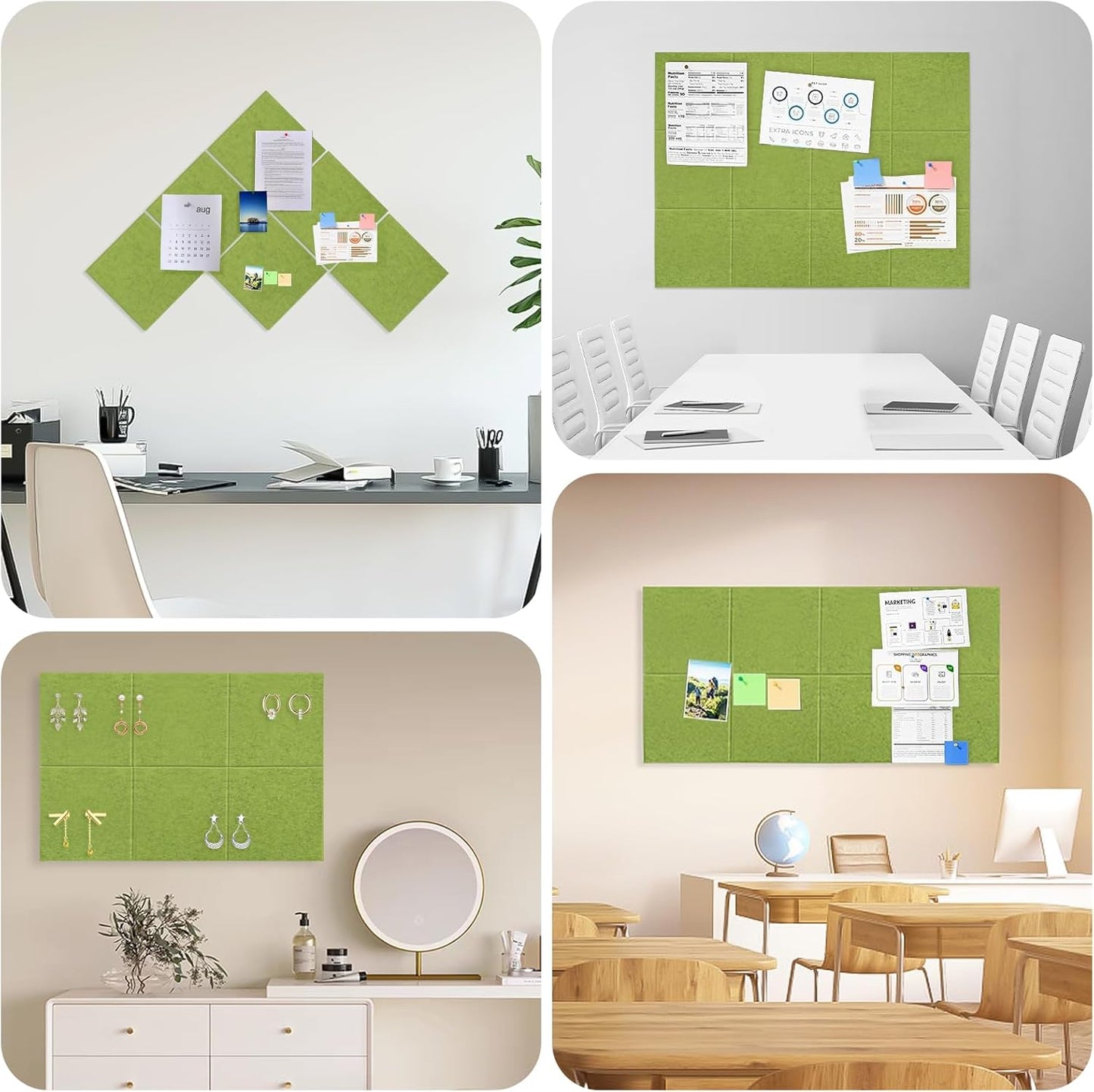 Large Cork Board for Office Wall Decor,48"x36"-12 Pack Felt Wall Tiles with Safe Removable Adhesive Tabs, 1/2" Thick, Felt Bulletin Board Pin Board Cork Boards for Walls - Matcha Green
