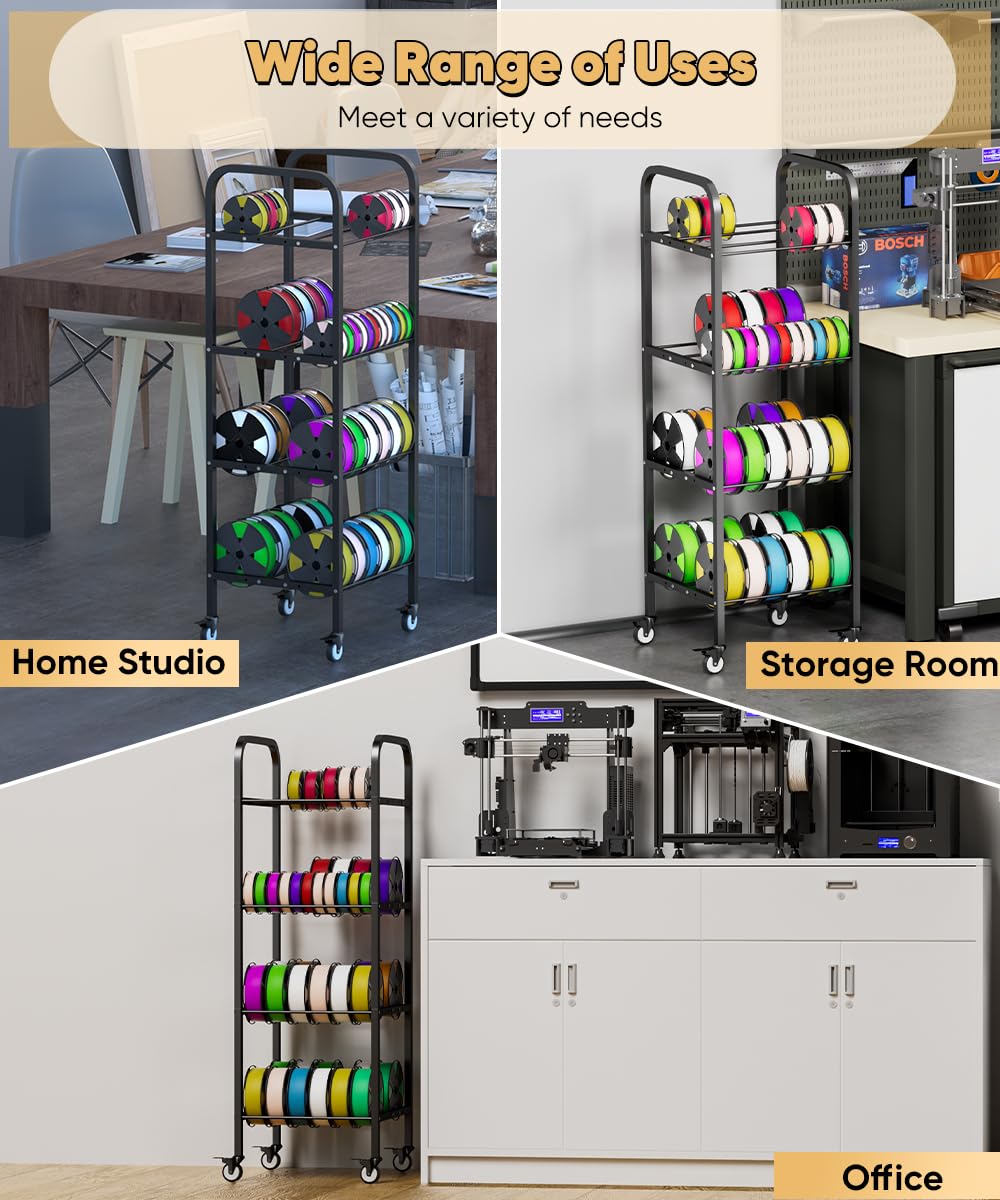 4-Tier 3D Printer Filament Storage Rack with Wheels, Rolling Spool Holder Stand Cart, Holds up to 48×1kg Spools, Heavy Duty Metal Filaments Organizer Shelf for Printing Studio Office Workshop