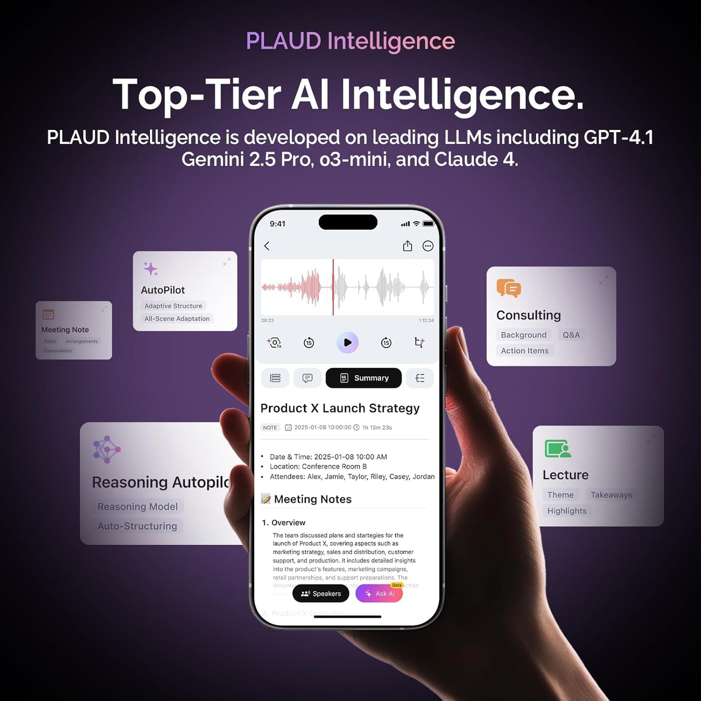 NotePin Voice Recorder, AI Voice Recorder, App Control, AI Notetaker, AI Transcribe & Summarize, Support 112 Languages, 64GB Memory, Audio Recorder for Lectures, Meetings, Lunar Silver