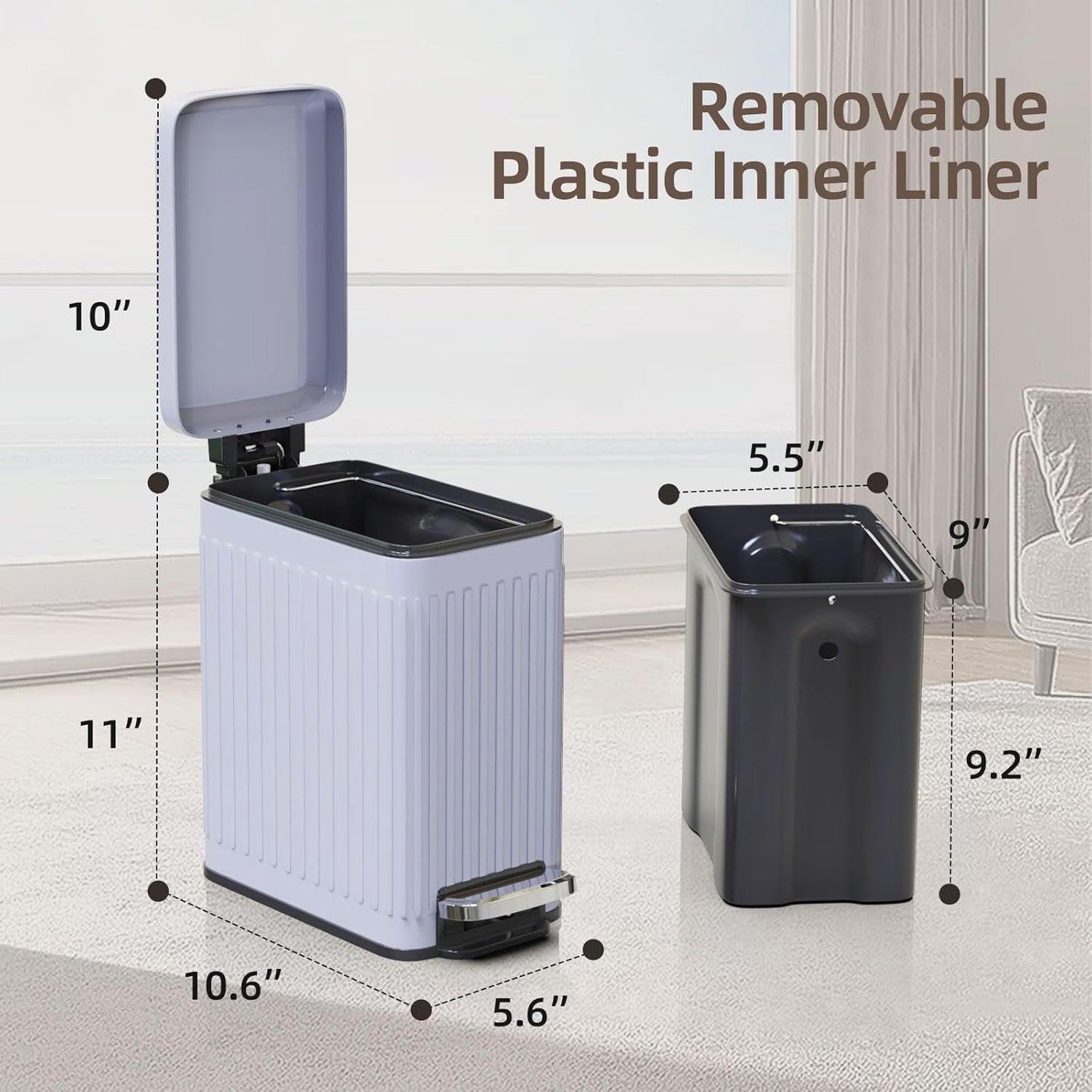 Slim Bathroom Trash Can with Lid Soft Close, 1.6 Gallon Stainless Steel Garbage Can with Removable Inner Bucket, Durable Step Pedal, Small Trash Bins for Toilet, Bedroom, Kitchen, Grey