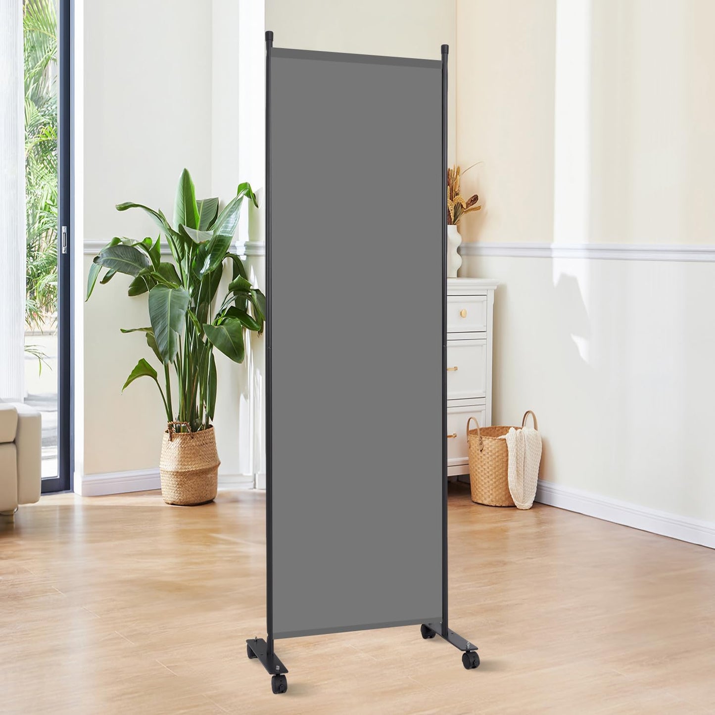 Room Divider 6FT Room Partition with Lockable Wheels, (Thicked Metal Base) Room Dividers, Freestanding Indoor Folding Privacy Screens, Portable Fabric Wall Divider for (Grey, 21.5"- 1 Panel)