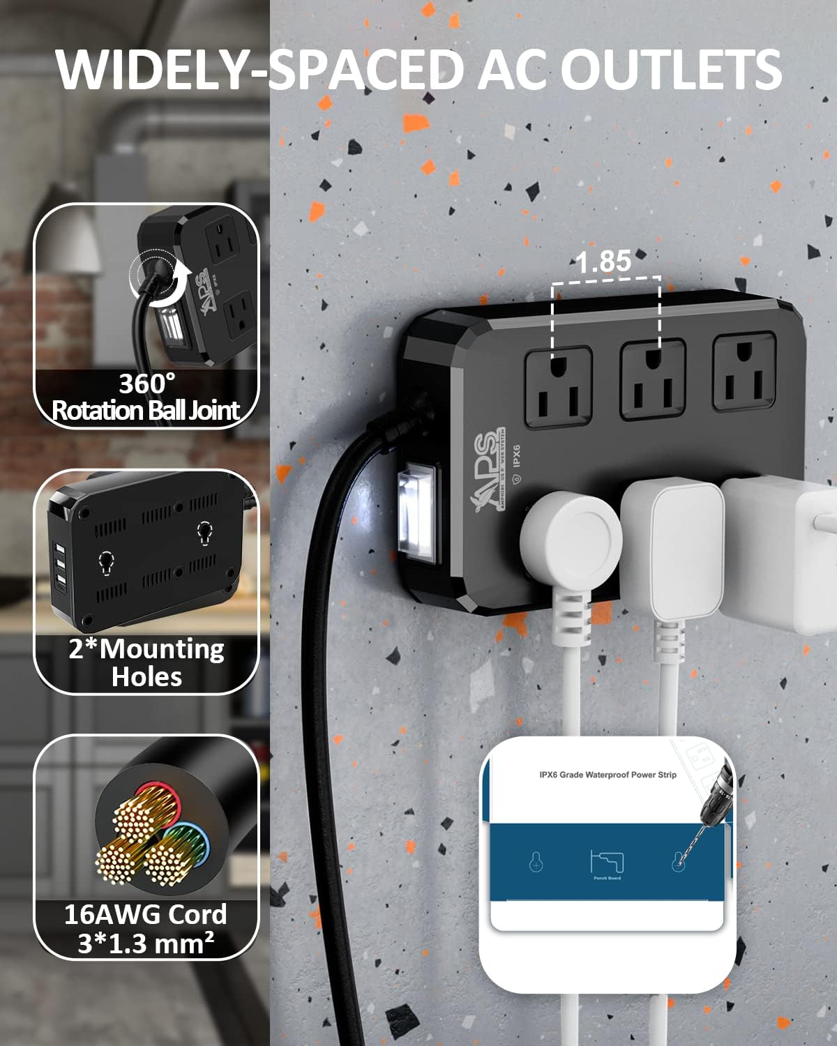 Outdoor Power Strip Weatherproof, Waterproof Surge Protector with 6 Wide Outlet with 3 USB Ports, 10FT Extension Cord,1875W Overload Protection,Outlet Extender for Christmas Lights ETL Listed Black