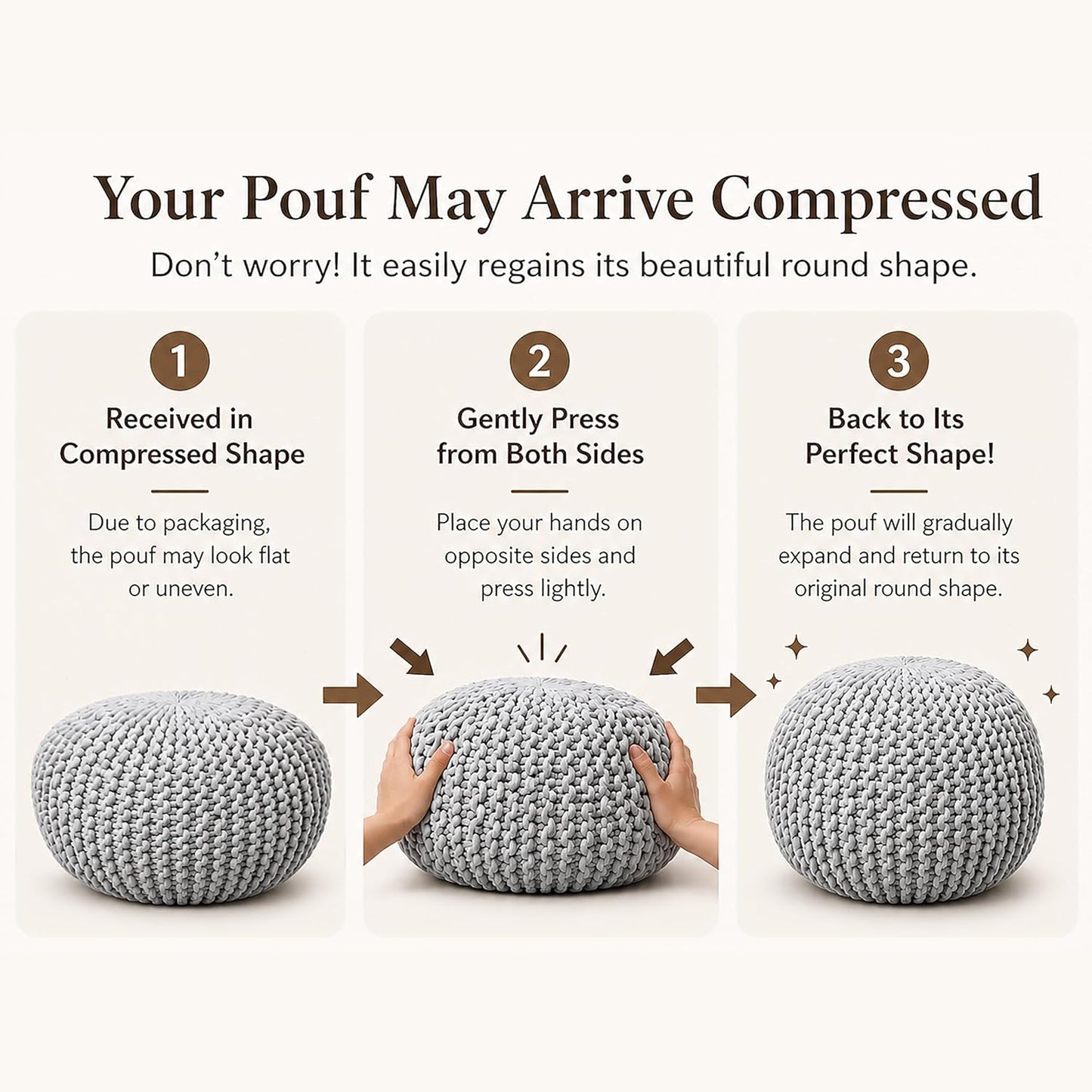 Palisa Grey Pouf Ottoman 20x20x14 Inches | Knitted Round Pouffe for Extra Sitting | Multipurpose Accent Seating for Living Room and Bedroom