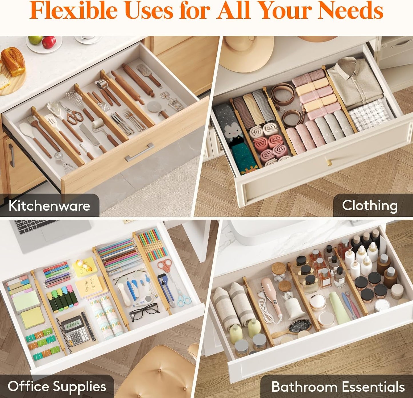 Lifewit 4 Pack Drawer Dividers Bamboo 2.4" High, 16-22" Adjustable Drawer Organizers for Clothes, Wooden Dresser Separators in Bedroom/Bathroom/Kitchen/Fridge/Office Organization and Storage