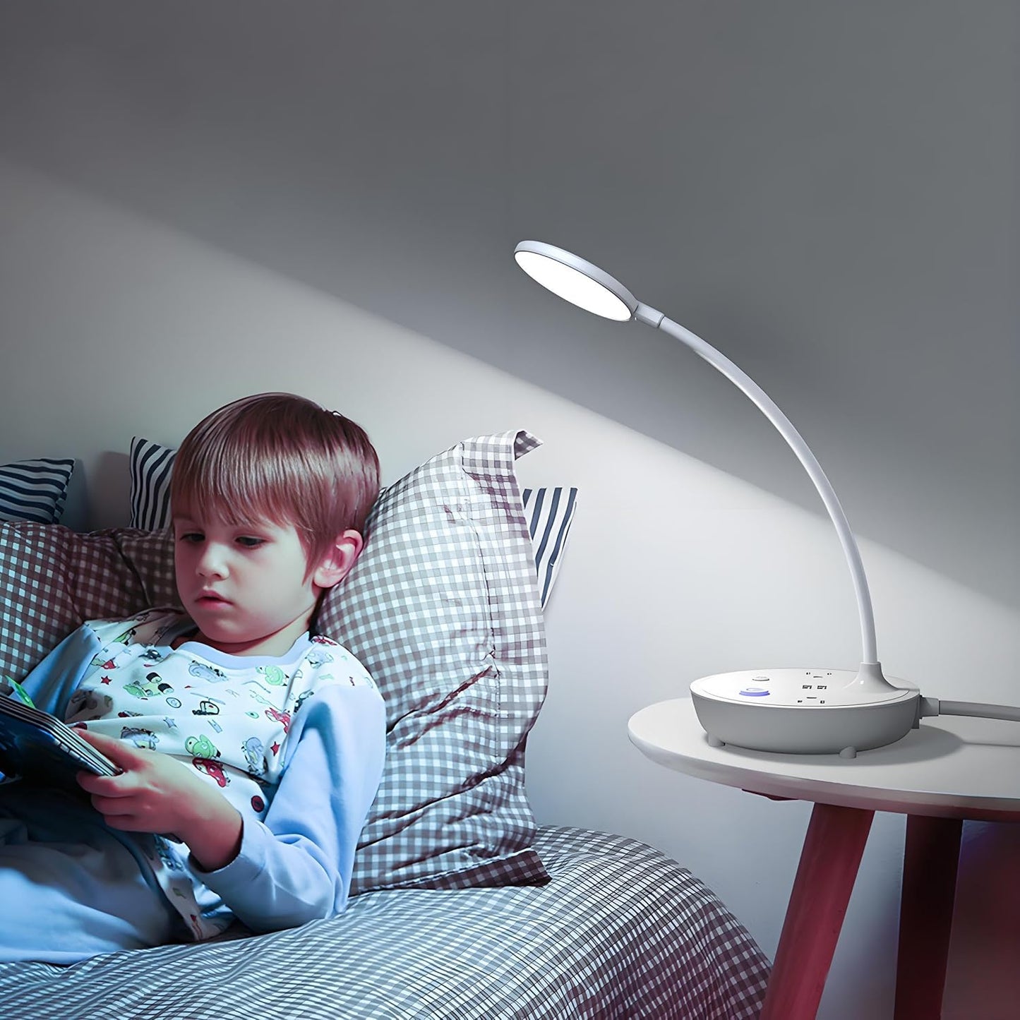 LED Desk Lamp with 2 USB Charging Ports and 2 AC Power Outlets - Adjustable Gooseneck Desk Light with 3 Level Brightness, Eye-Caring Small Table Lamp for Home Office, College Dorm Room Essentials