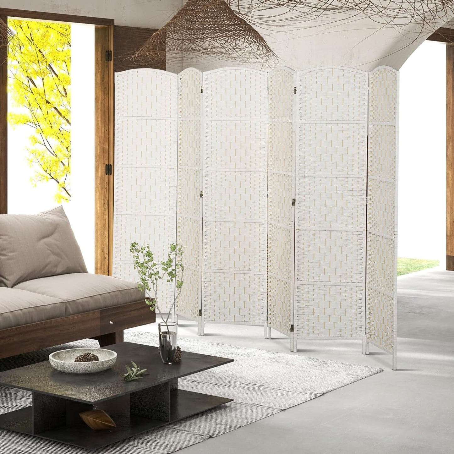 HOMCOM Room Divider, 6 Panel Folding Privacy Screen, 6FT Tall Portable Wicker Weave Partition Wall Divider for Bedroom, Home Office, White - Lumora Desk