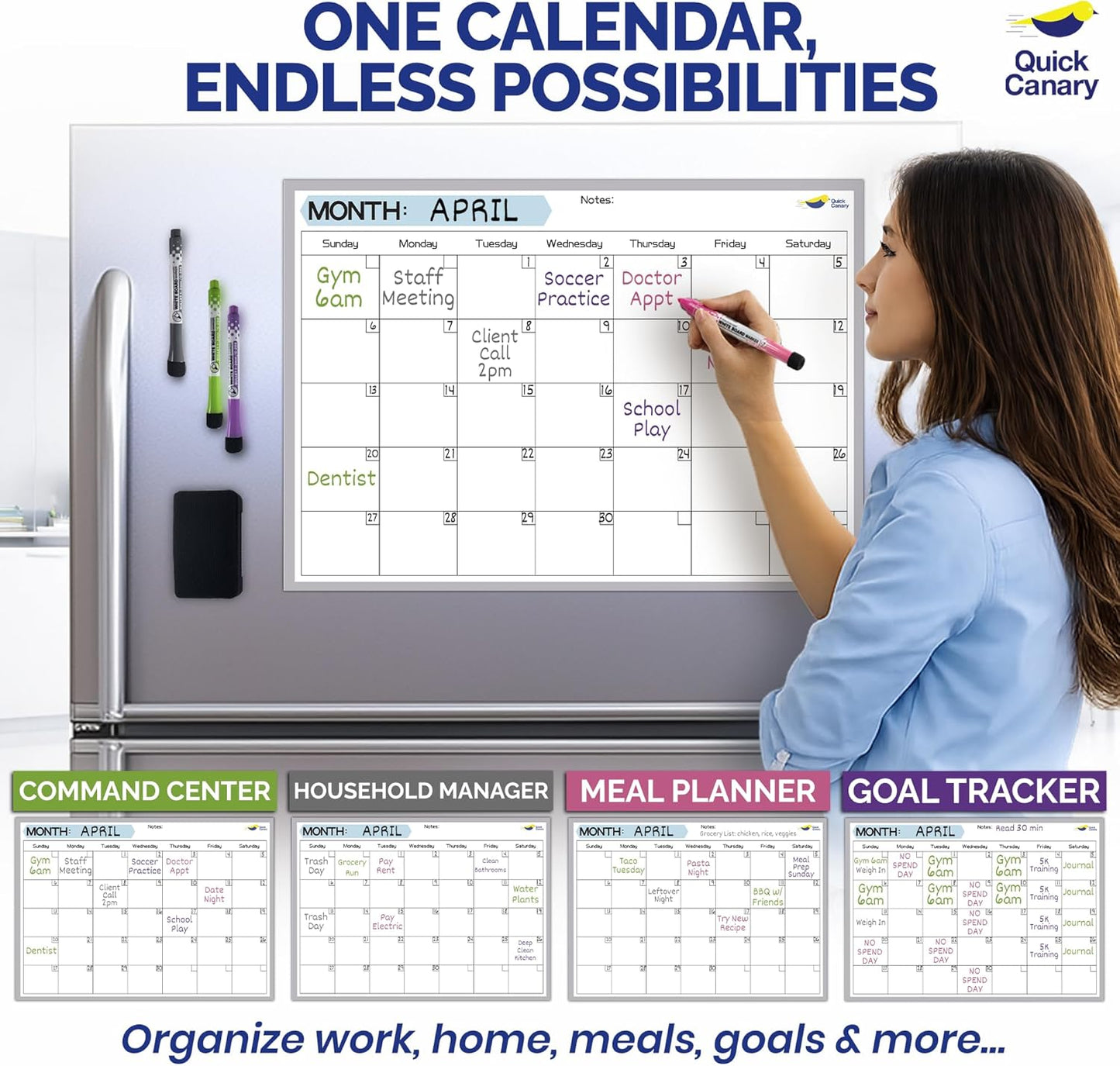 Monthly Magnetic Calendar for Refrigerator - 17x12” Stain-Resistant Dry Erase Fridge Calendar Whiteboard with Large Writing Space for Schedules, Chores & Meals - With 4 Markers & Eraser - Sunday Start