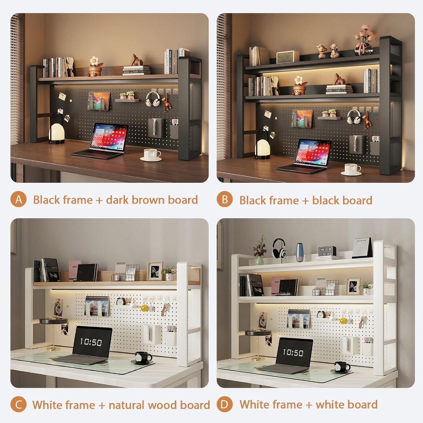 Desk Shelf Organizer for Top of Desk – Desktop Bookshelf with Pegboard & Storage Accessories, Adjustable Hutch for Dorm or Office, Steel Frame Display S Black frame + dark brown board 29.5*9.8*36.6in