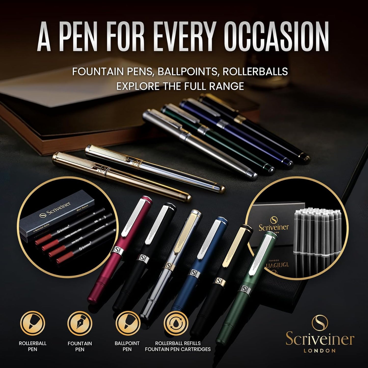Scriveiner Stainless Steel Ballpoint Pen - Stunning Luxury Pen with Stainless Steel Finish, Schmidt Black Refill, Best Ball Pen Gift Set for Men & Women, Professional, Executive, Office, Nice Pens