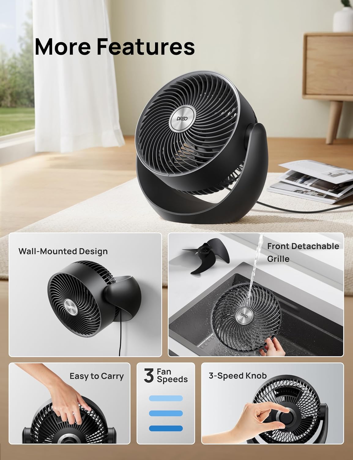 DREO Fan for Bedroom, Table Air Circulator for Whole Room, 11 Inch, 60ft Strong Airflow, 120ยฐ adjustable tilt, 20db Low Noise, Quiet, 3 Speeds, Desk Fan for Home,Office, Kitchen