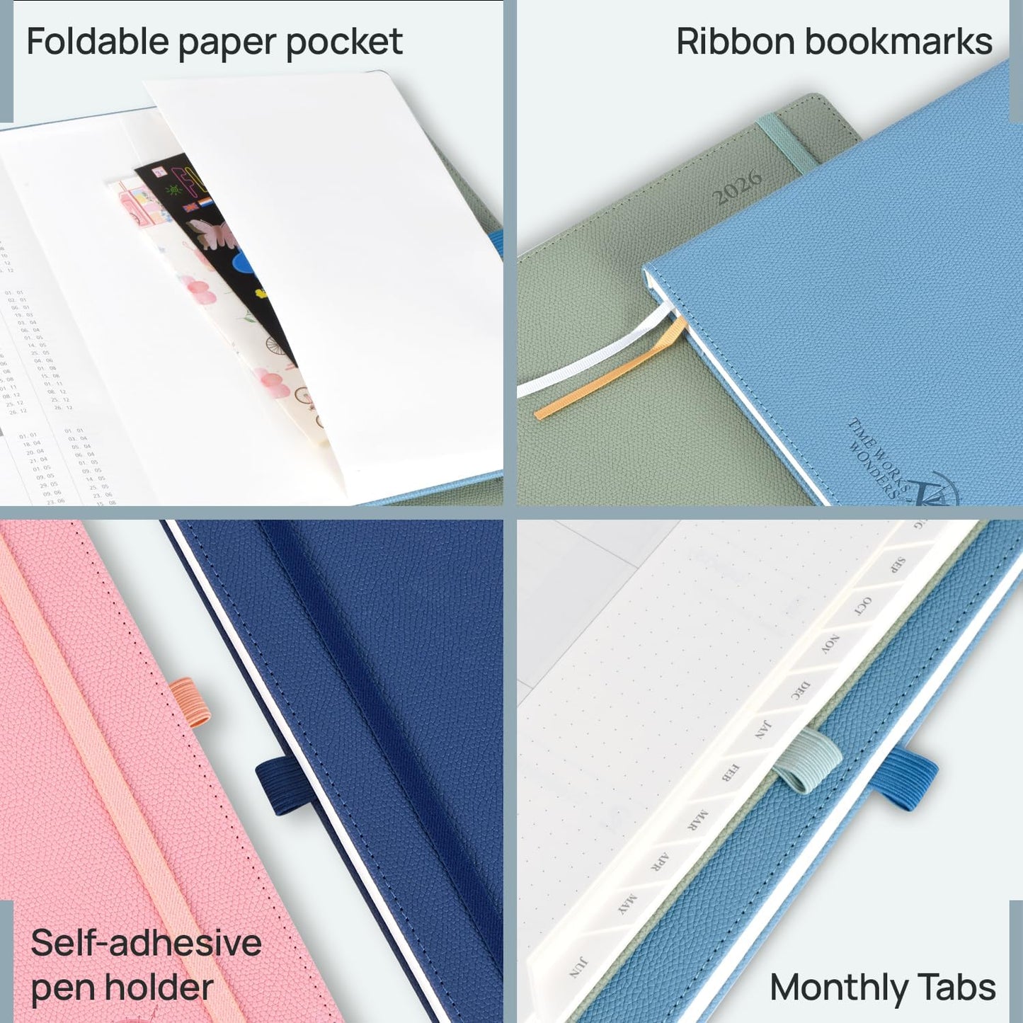 POPRUN 2026 Weekly Planner (Medium 6.75" x 8.75") 12 Months Calendar Notebook with Horizontal Layout, Leather Hardcover, Inner Pocket, 100GSM Thick Paper, Pen Holder - Soft Pink