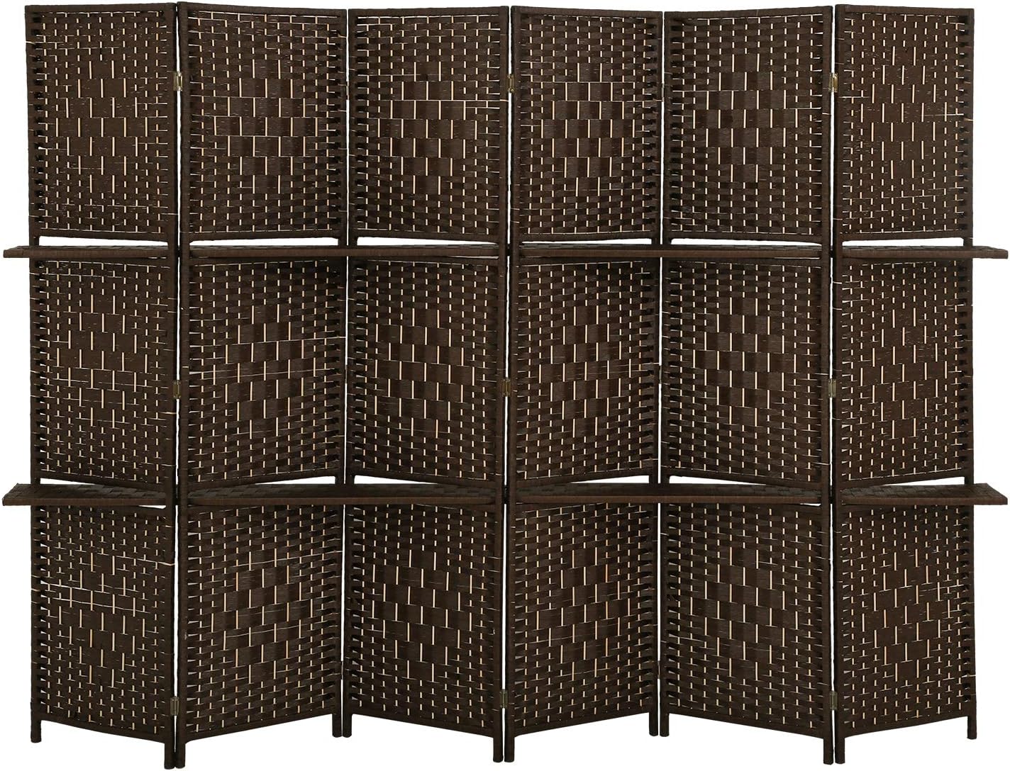 Room Divider and Folding Privacy Screens, 6 Panel Wall Wood Folding Screen Partitions with Removable Storage Shelves, 6FT Divider Freestanding Partition for Home Office Bedroom, Brown