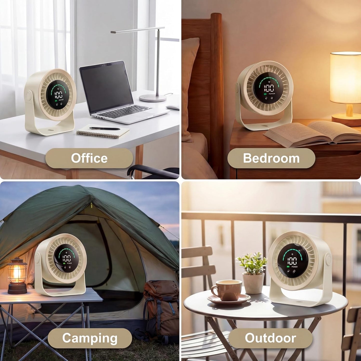 Mini Desk Fan, Small USB Rechargeable Quiet Desktop Fan, Cooling Table Electric Fan with LED Digital Display, 360°Adjustable Tilt for Bedroom, Office & Home (Khaki)