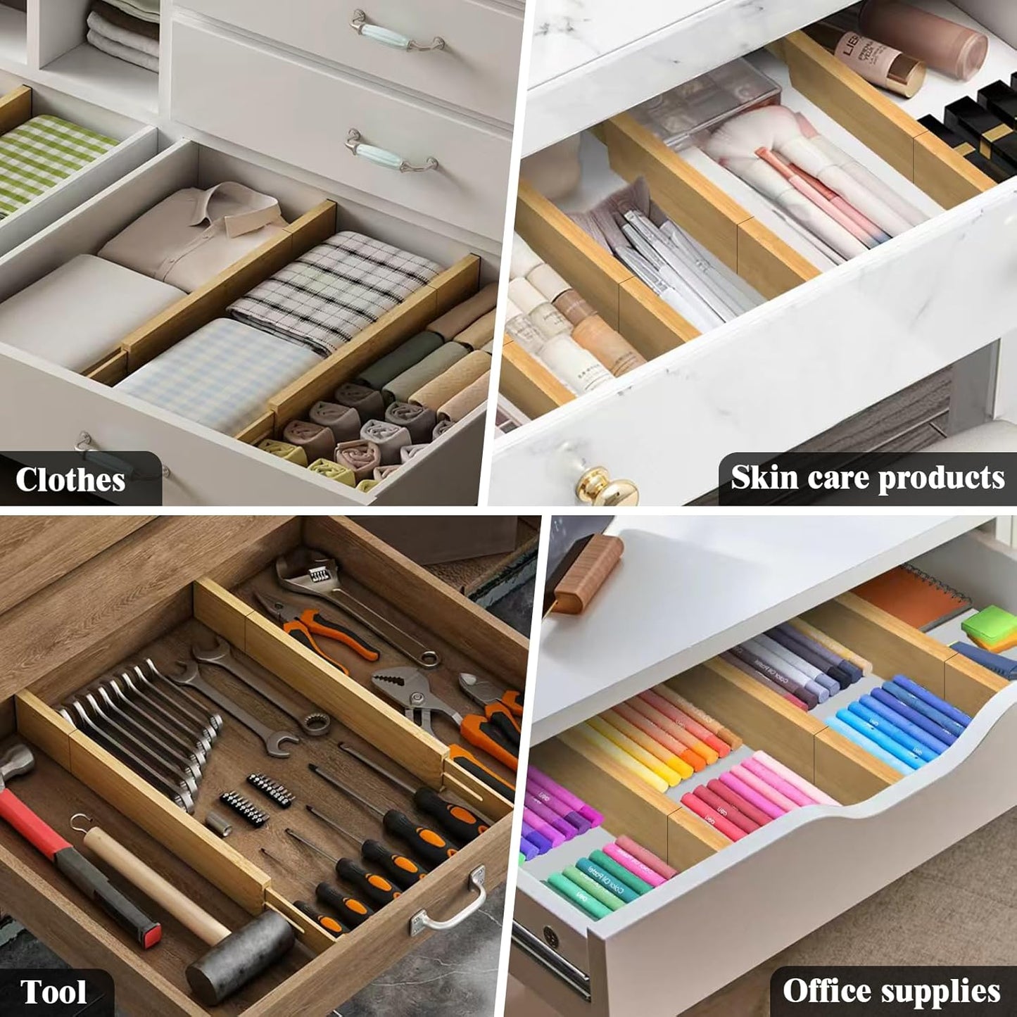Bamboo Drawer Dividers,12-21" Adjustable Drawer Organizers for Clothes,Expandable Dresser Separators in Kitchen/Bedroom/Bathroom/Vanity/Office Organization and Storage,4-Pack