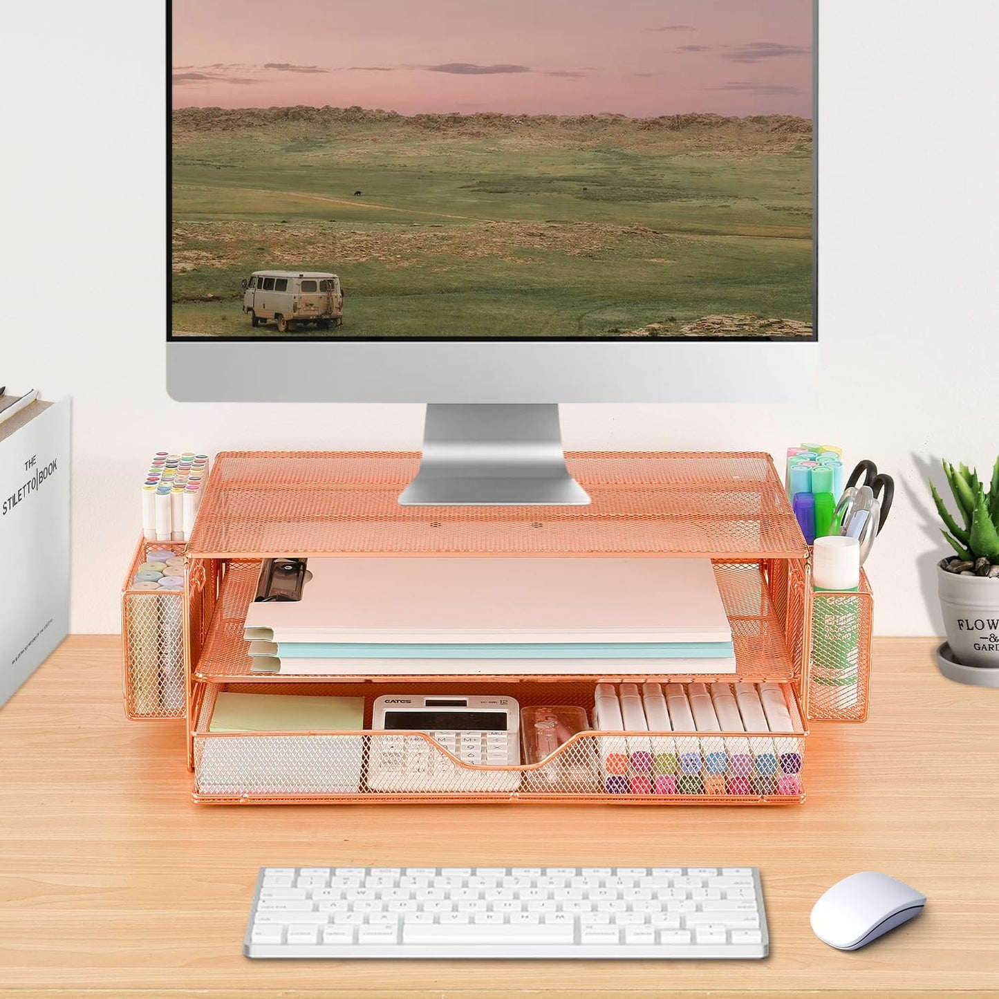 AUPSEN Computer Monitor Stands Riser,2-Tier Desk Organizers and Accessories, Office Desk Accessories Organizer with Drawers and 2 Pen Holder for Office Supplies (Rose Gold)