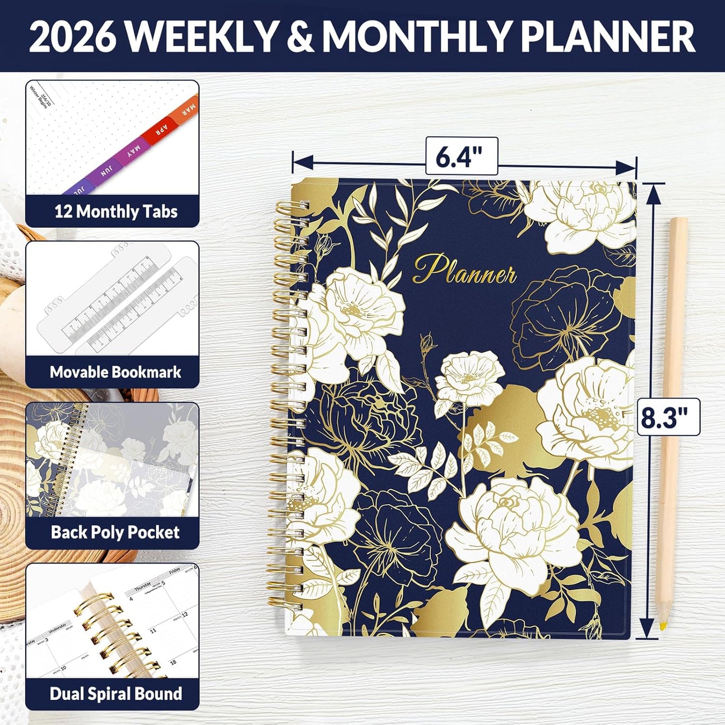 SUNEE 2026 Weekly and Monthly Planner - from January 2026 - December 2026, 6.4" x 8.3" Daily Agenda Planner with Monthly Tab, Flexible Cover, Note Pages, Pockets, Bookmark, Dark Blue Marble