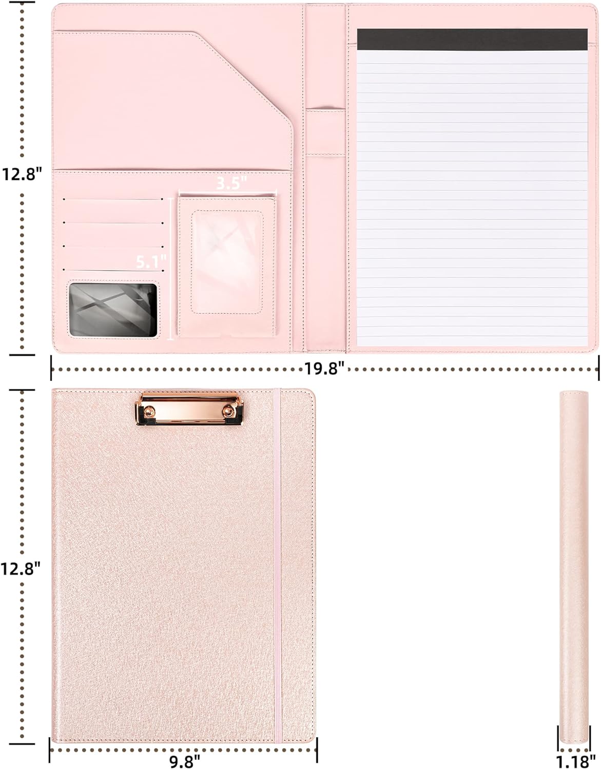 Leather Portfolio Organizer Women Clipboard with Storage Pink Clip Board for Notepad,Phone,Cards