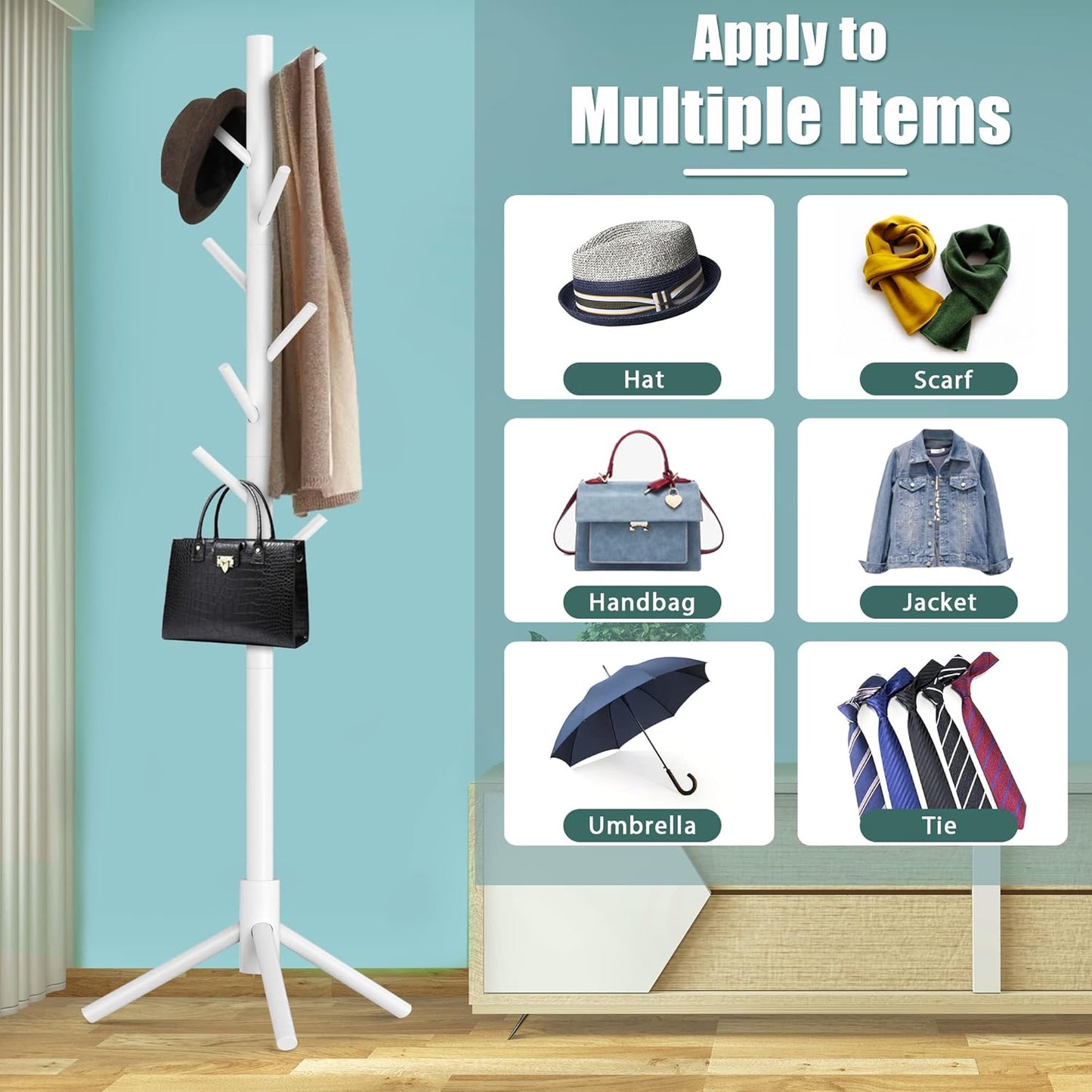 Haddockway Wooden Coat Rack Stand with 8 Hooks New Zealand Pine 3 Adjustable Coat Standing Tree Easy Assembly for Coats, Hats, Scarves and Handbags for Entryway, Hallway, Bedroom, Office,2 PCS - Lumora Desk